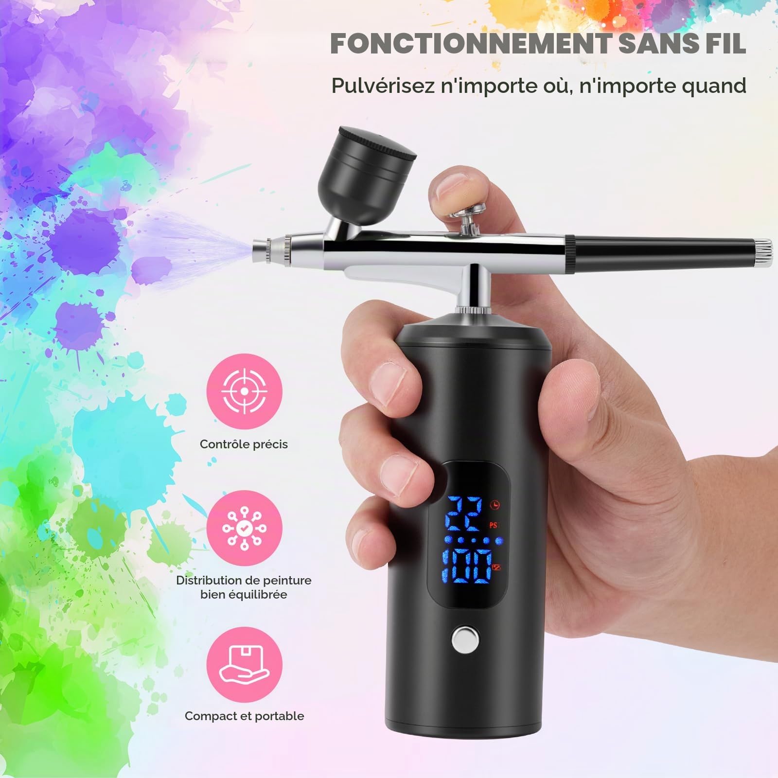 Kit Aérographe avec Compresseur, Totalement sans Fil avec Batterie, Aérographe à 3 Vitesses jusqu'à 38 PSI pour Gâteau, Ongles, Modélisme et Bodypainting (Noir)