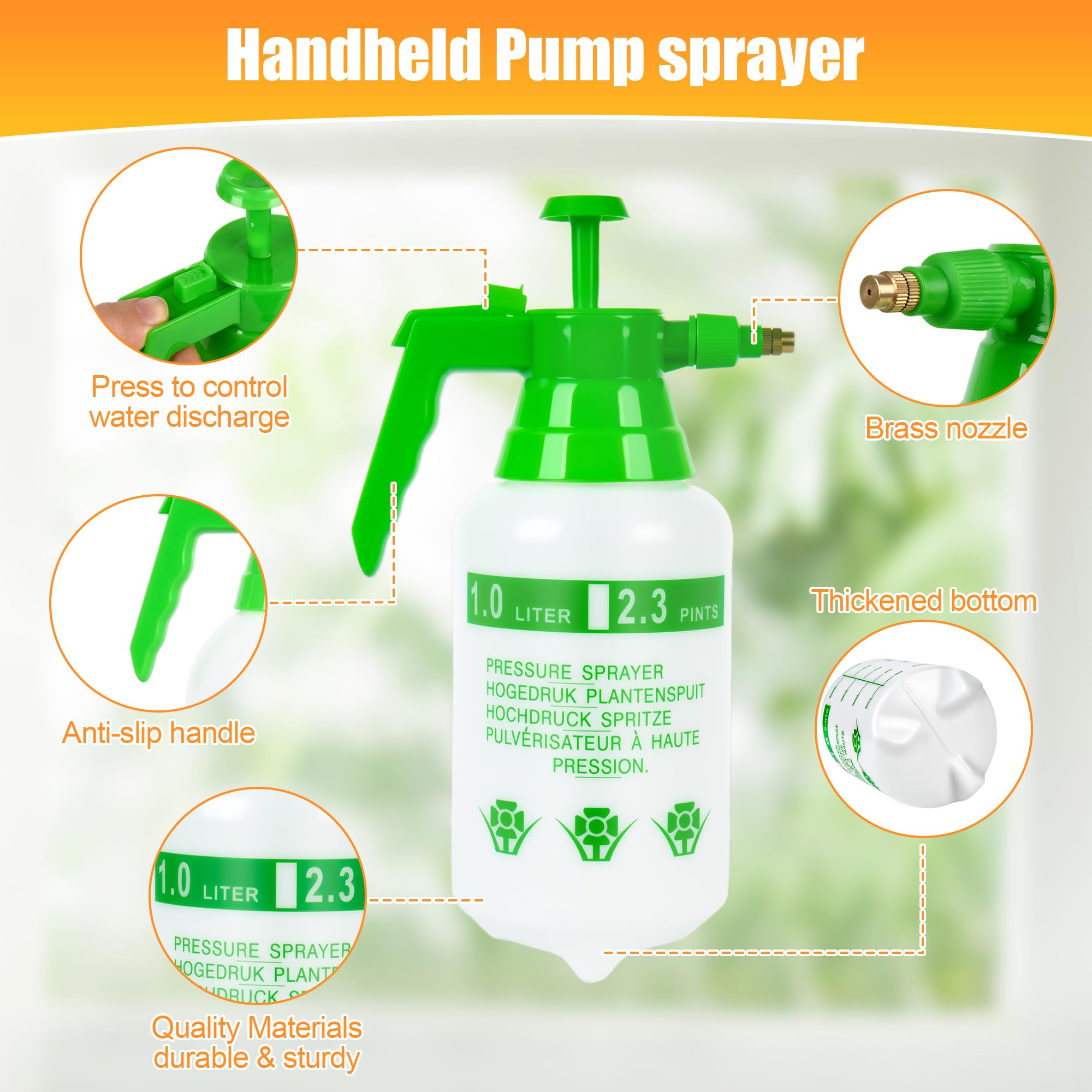 3 pulverizadores de bomba de mano de plástico de 1/4 galón, pulverizador de presión de jardín con boquilla ajustable para plantas, limpieza, tareas domésticas, color verde