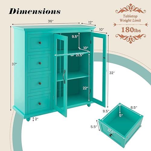 Miniatura 10 de COSTWAY Aparador de buffet, armario de almacenamiento de cocina con 4 cajones, 2 puertas de vidrio templado, mesa de buffet, armario decorativo para