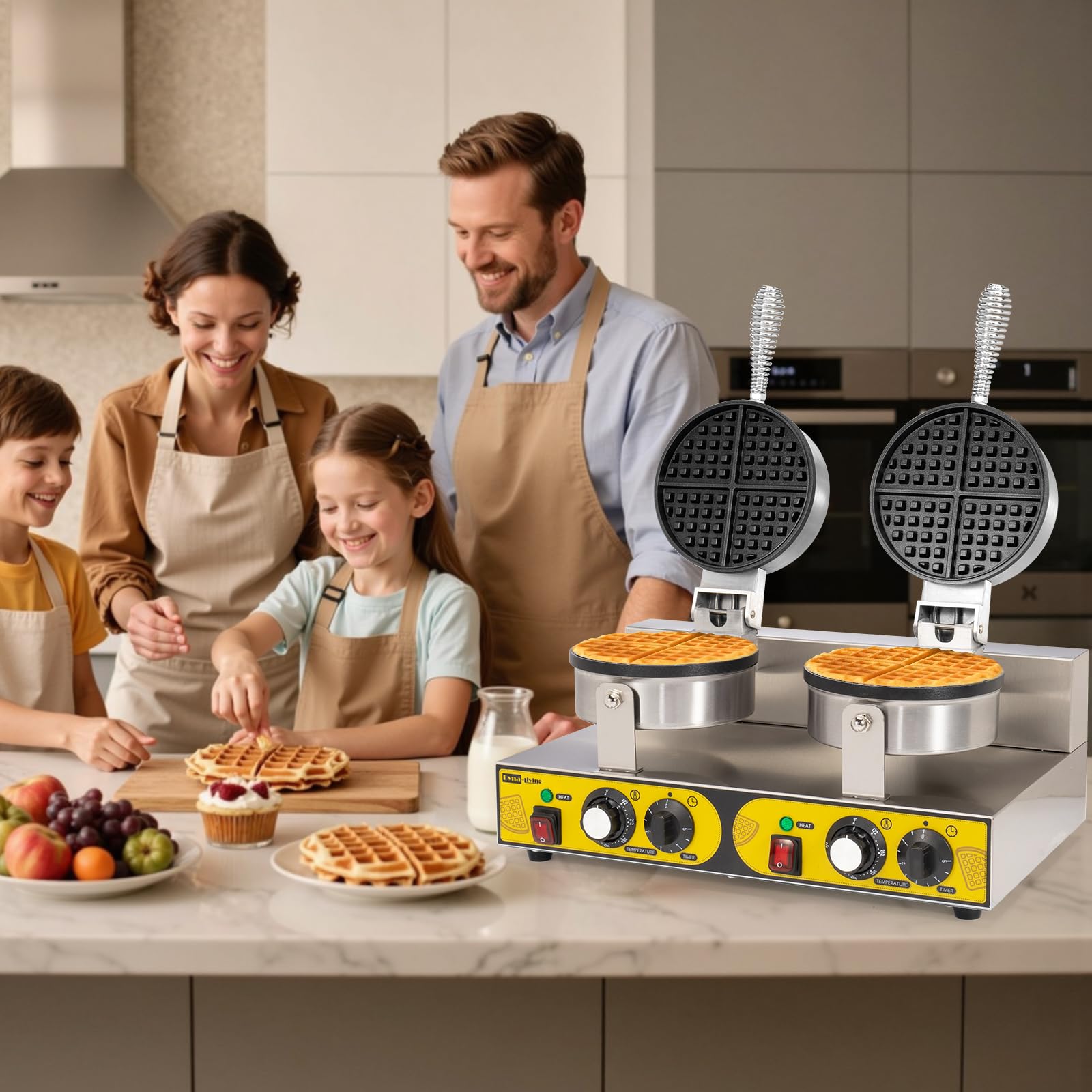 Máquina de gofres comercial de doble cabeza, 2400 W, antiadherente, máquina de gofres comercial de acero inoxidable para restaurantes, máquina de gofres grande comercial 7