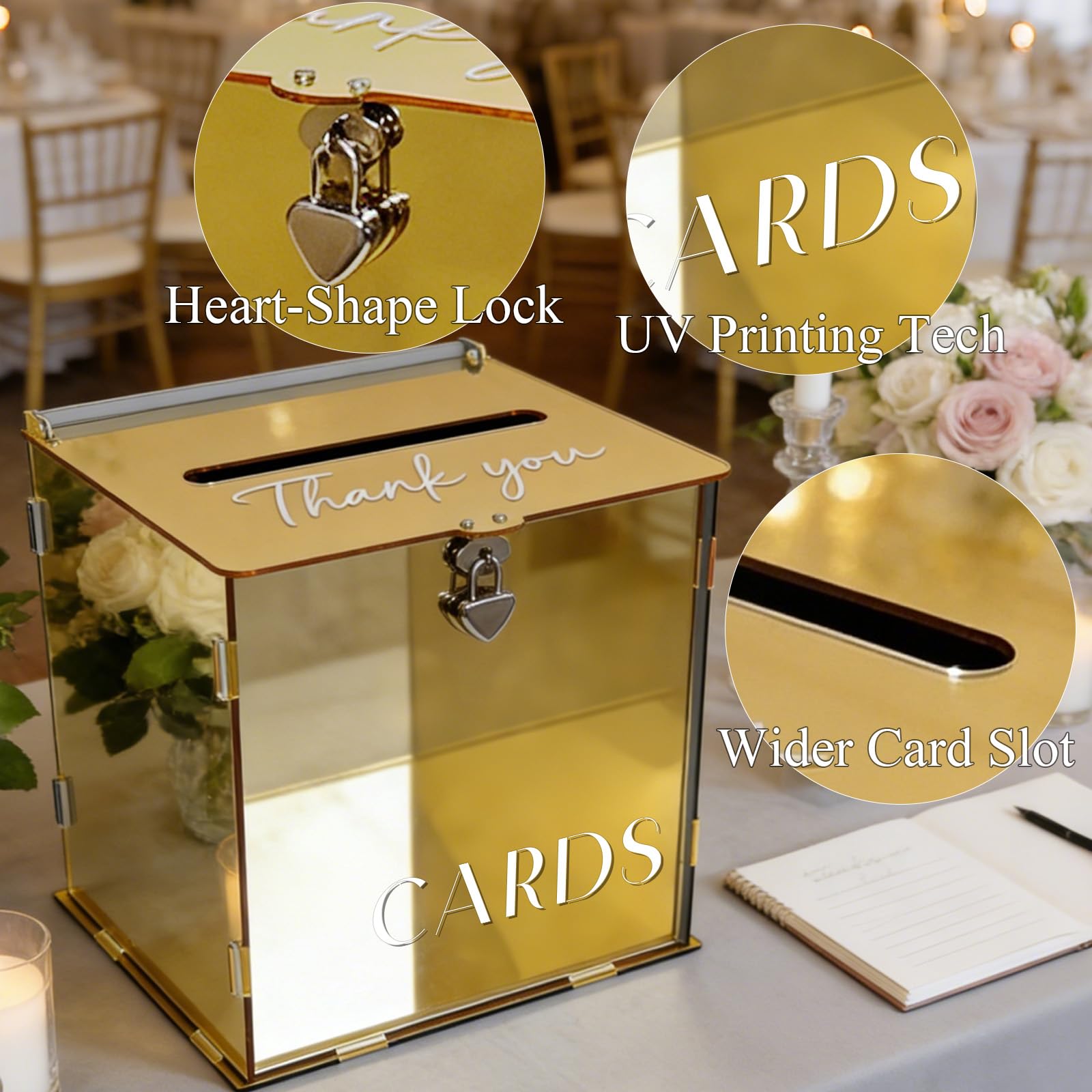 Scatola di carte in acrilico a specchio oro metallizzato con serratura e fessura, eleganti scatole per biglietti di nozze per ricevimenti, buste regalo dorate fai da te per feste, anniversari