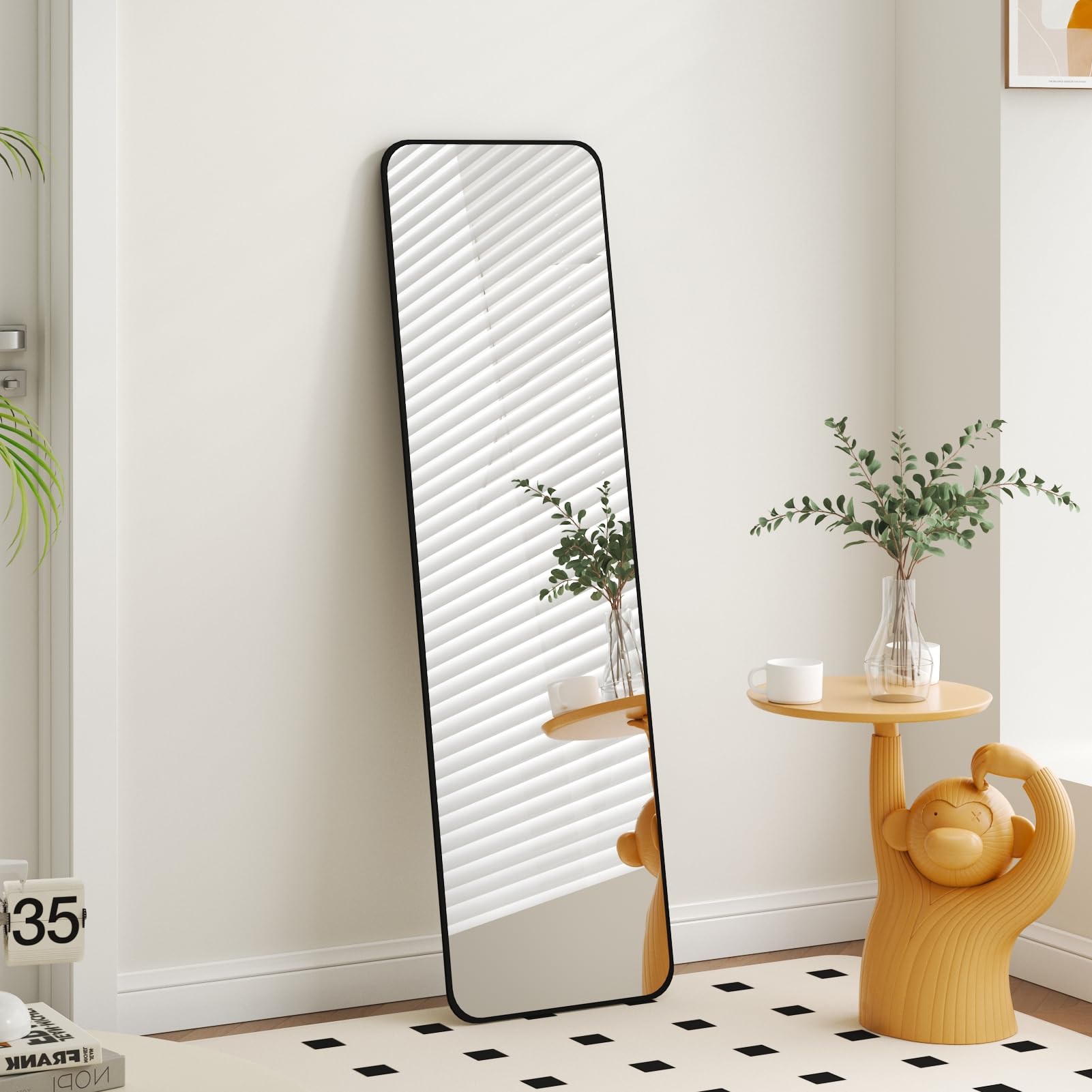 RLAVBL 140 x 40 cm Standspiegel oder Wandspiegel mit schwarzem Aluminiumrahmen, Sicherheits-Temperglas, abgerundete Ecken, für Schlafzimmer, Flur, Wohnzimmer