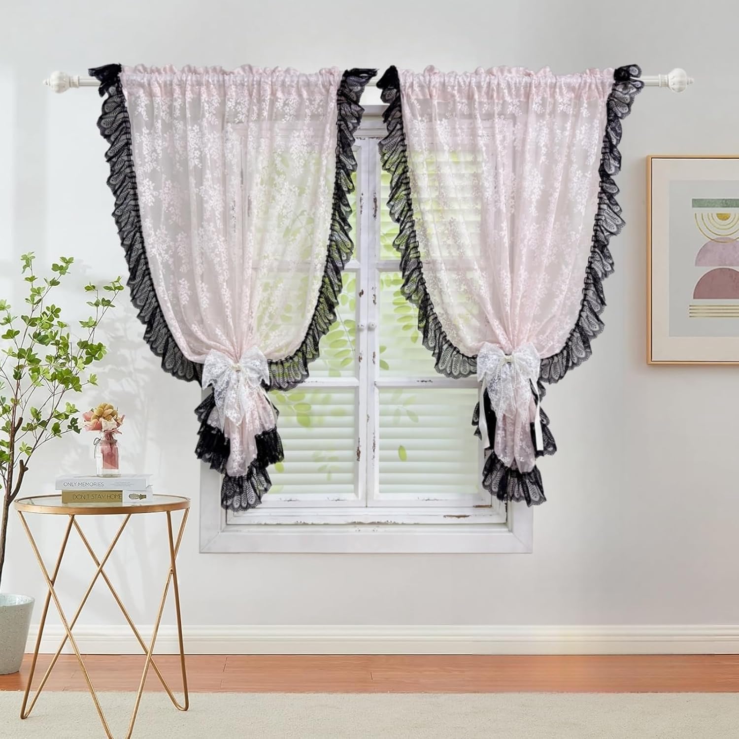 Gxi Pink Lace Sheer Curtain for Living Room Ruffle Vintage Curtain Floral Rod Pocket Drapes for Girls Bedroom Light Filter Tulle Farmhouse Window Drapes Voile, 2 Panels, Each 42 x 63 inch Length