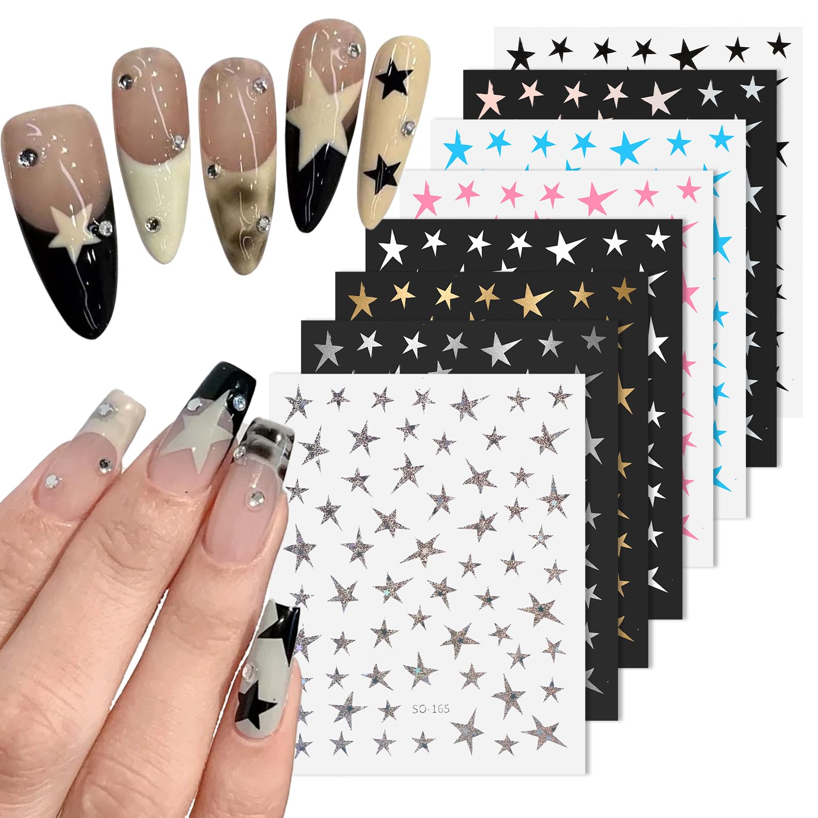 8 Sheets Star Nail Art Stickers, 3D Shiny Stars Glitters Nail Decals, Star Nail Charms, Self-Adhesive Nail Supplies, Starlight Irregular Pentagram Art Decals, DIY Transfer Decal, Manicure Decoration Color 1