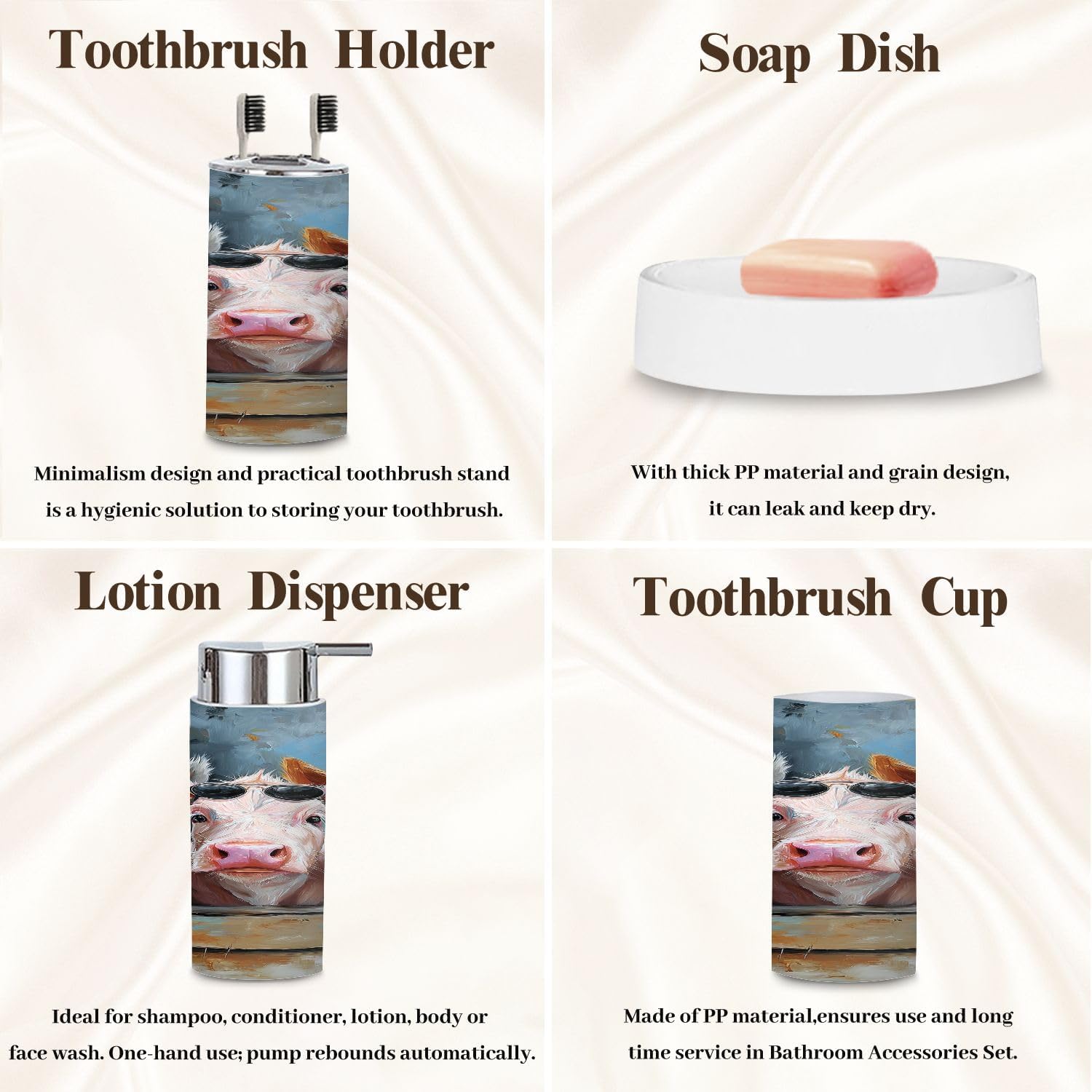 Bathroom Accessory Set 6 Piece Farm Animal Window Cow Rustic Funny Pig Farmhouse Piggy Cow Pig Trash can, Toothbrush Holder, Toothbrush Cup, Soap Dispenser, Soap Dish, Toilet Brush Holder
