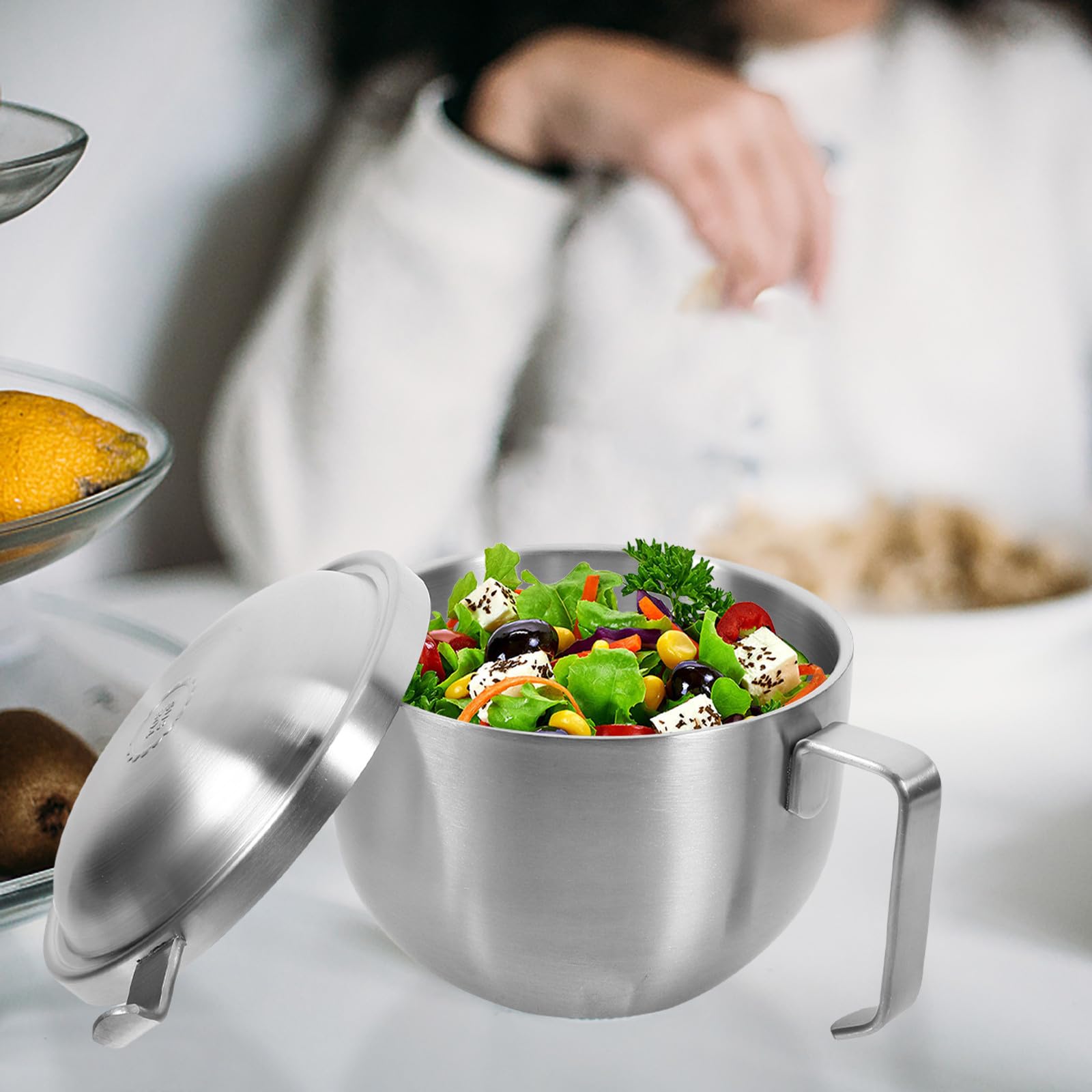 Tazón de Comida de Acero Inoxidable Tapa y Asa, Capacidad 1200ml, Cuenco Portátil Anti-escaldaduras Adecuado para Sopa y Fideos
