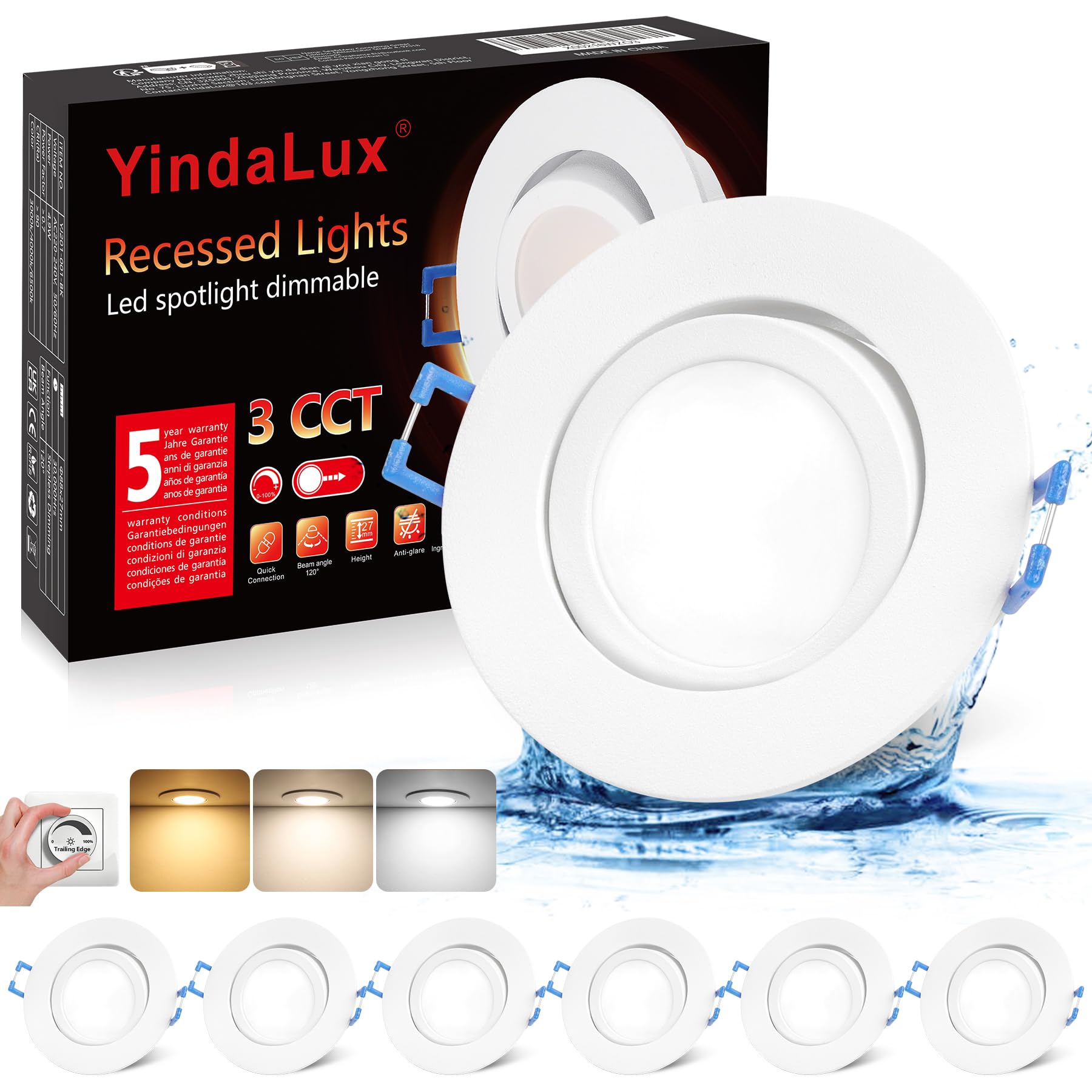 YindaLux Reflektor LED 5 W do zabudowy, płaski, 68 mm, IP44, 3000 K/4000 K/6500 K, oświetlenie punktowe do łazienki, możliwe ściemnianie, obracane sufitowe
