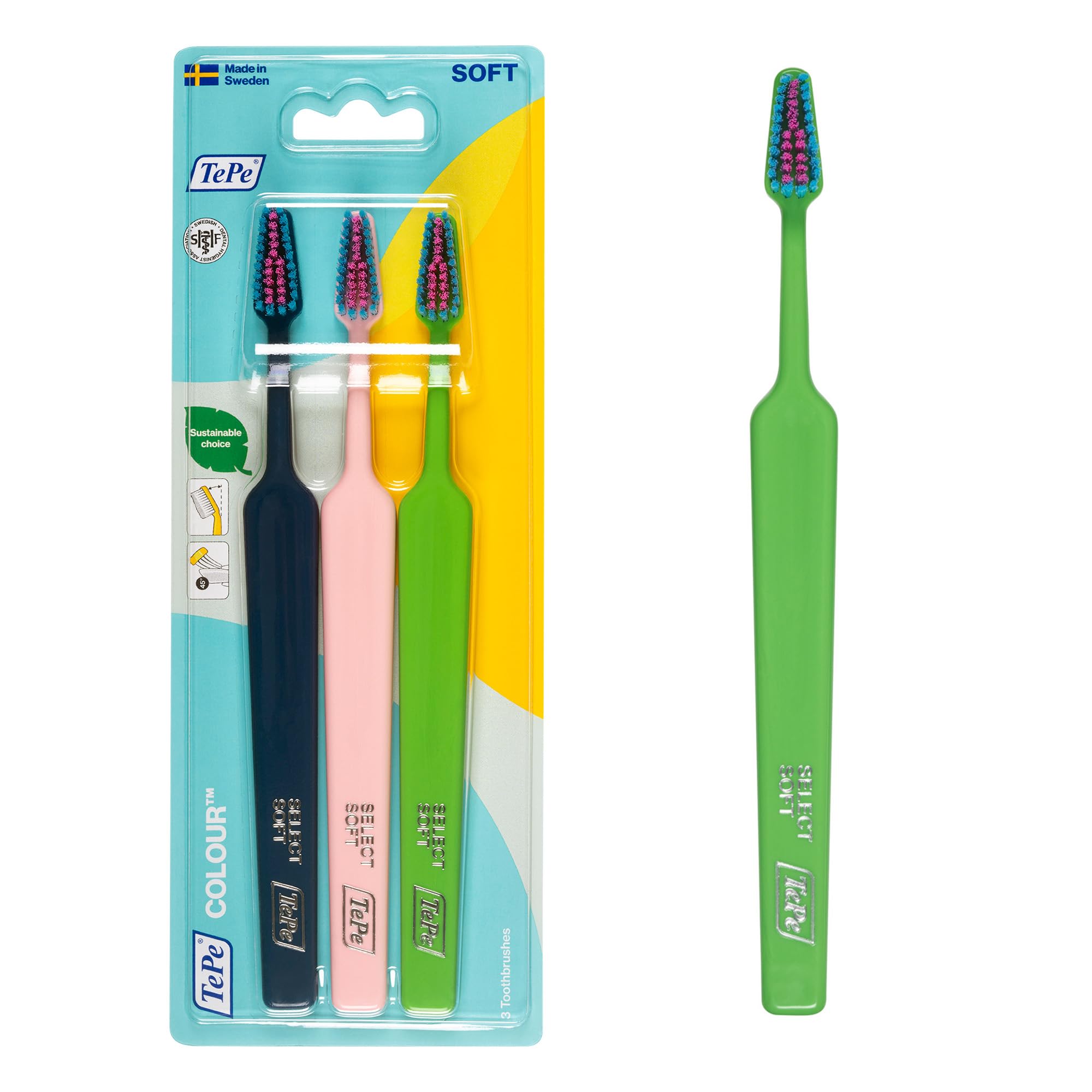 TePe Colour Toothbrush, Soft, Green, Blue & Pink, Pack of 3, Toothbrush with Soft Bristles for Precise and Gentle Cleaning, Soft Toothbrush for Adults