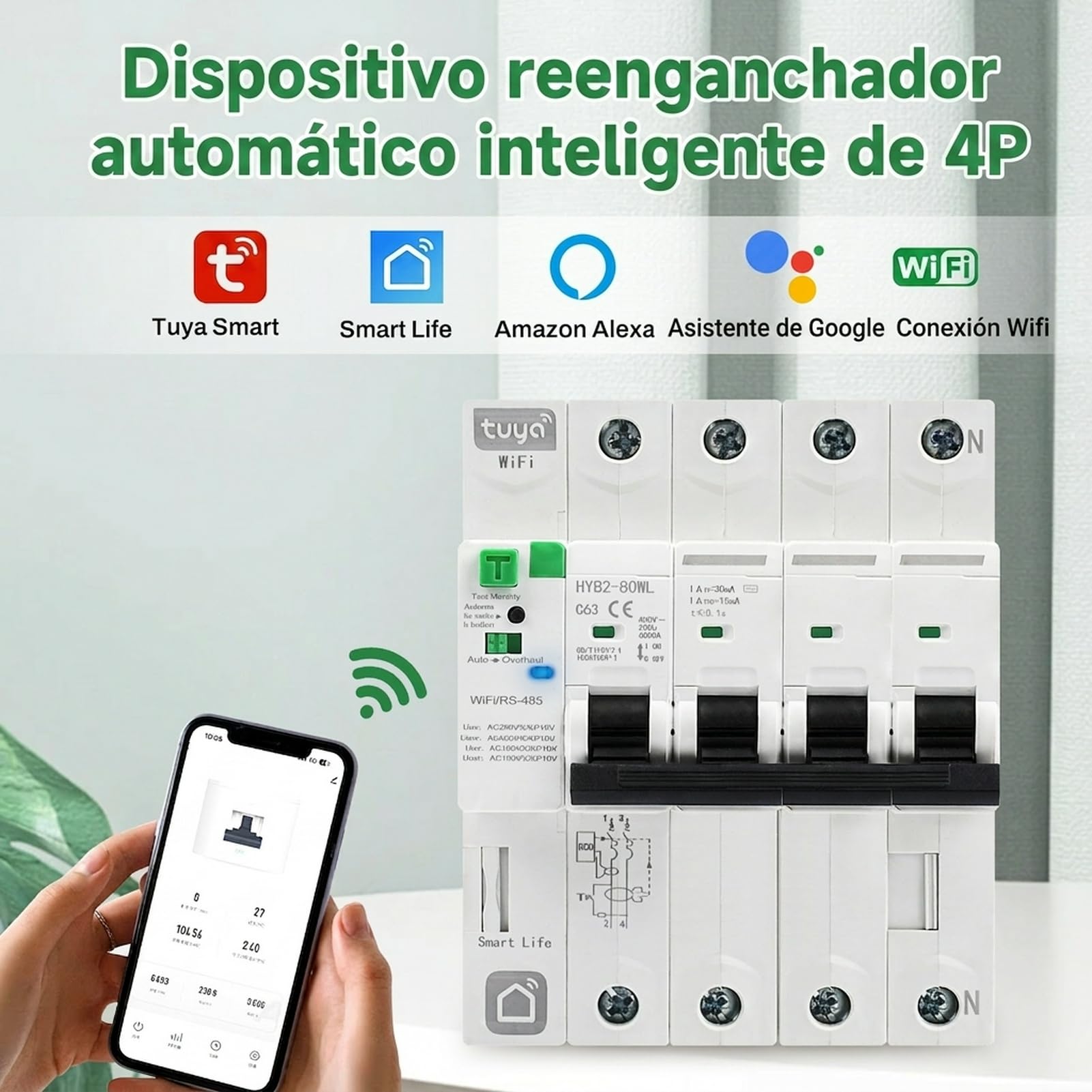 Disyuntor inteligente wifi 63A 30ma magnetotermico 380V 4P TUYA/Smart Life APP Recovery inteligente de reconexion interruptor Proteccion contra fugas contra fugas por subtension.