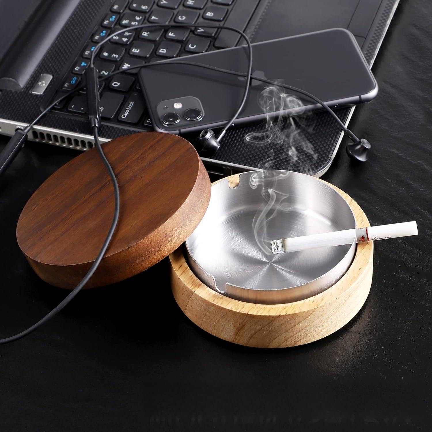 MORii® Ember - Wooden Ashtray with Lid for Smokers |Metal Liner Ash Tray |Windproof |Durable |Easy to Clean|Ashtrays| Patio, Office & Home (Natural | Walnut | Nickel, Large)-image-7
