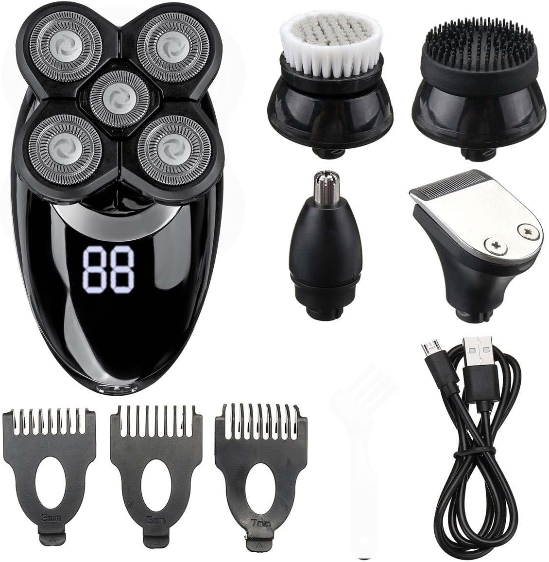 Head Shavers for Bald Men, 5 in 1 Rechargeable Electric Shaver Five Floating Heads Razors Hair Clipper Nose Ear Hair Trimmer Men Facial Cleaning Brush