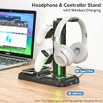 KDD RGB Headphone & Controller Stand with Wireless Charging - Rotatable Headset Stand with 9 Light Modes - Controller Holder with 2 USB and Type C Ports - for Gamers Desktop Accessories (Black)