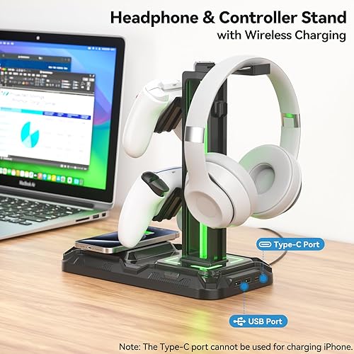 Miniatura 2 de KDD Soporte para auriculares y controlador con carga inalámbrica, soporte giratorio para auriculares con 9 modos de luz, soporte para controlador
