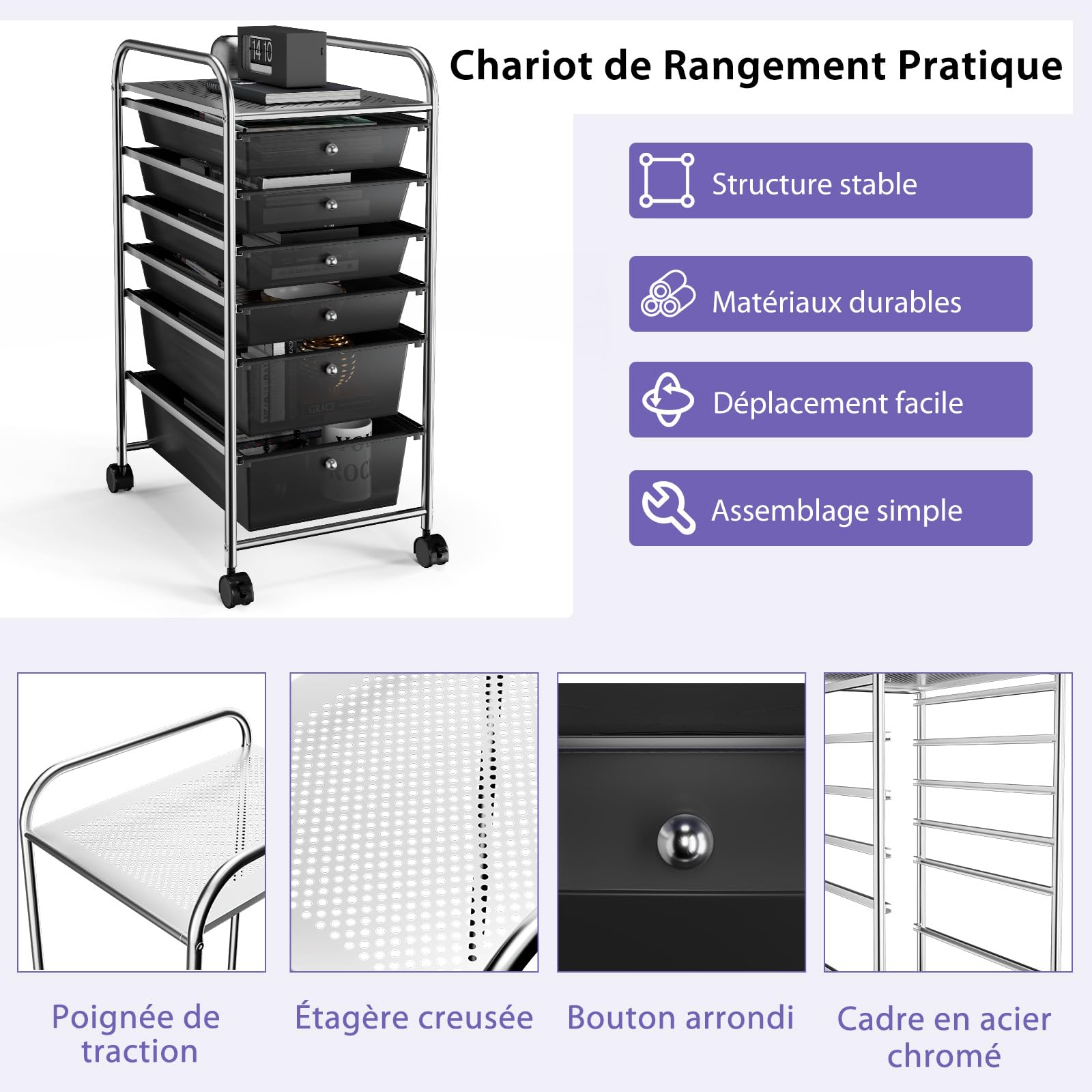 GIANTEX 6 Tiroirs Chariot de Rangement, Tour de Rangement Bureau sur roulettes, Desserte à roulettes Verrouillables avec Cadre Métal, Idéal pour Bureau, Salon, Chambre (Noir)