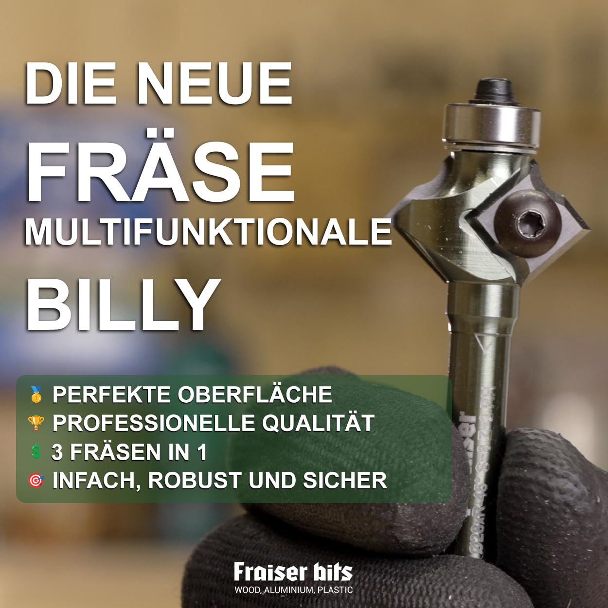 Fraiser Kantenfräser 3-in-1 - Fasenfräser 45 Grad, Abrundfräser / Radiusfräser R3 und V-Profilfräser 90 Grad, mit Kugellager und Wendeplatten, 8 mm Schaft - für Oberfräse, Kantenfräse und Frästisch