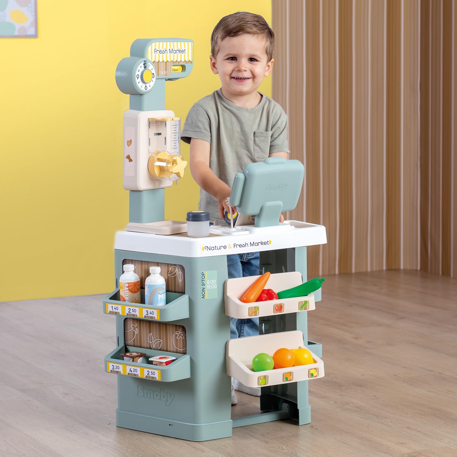 Smoby - Nature & Fresh Market - Marchande Enfant avec Caisse Enregistreuse - Scanner Sons et Lumières - 35 Accessoires Inclus - Dès 3 Ans - Fabriqué en France