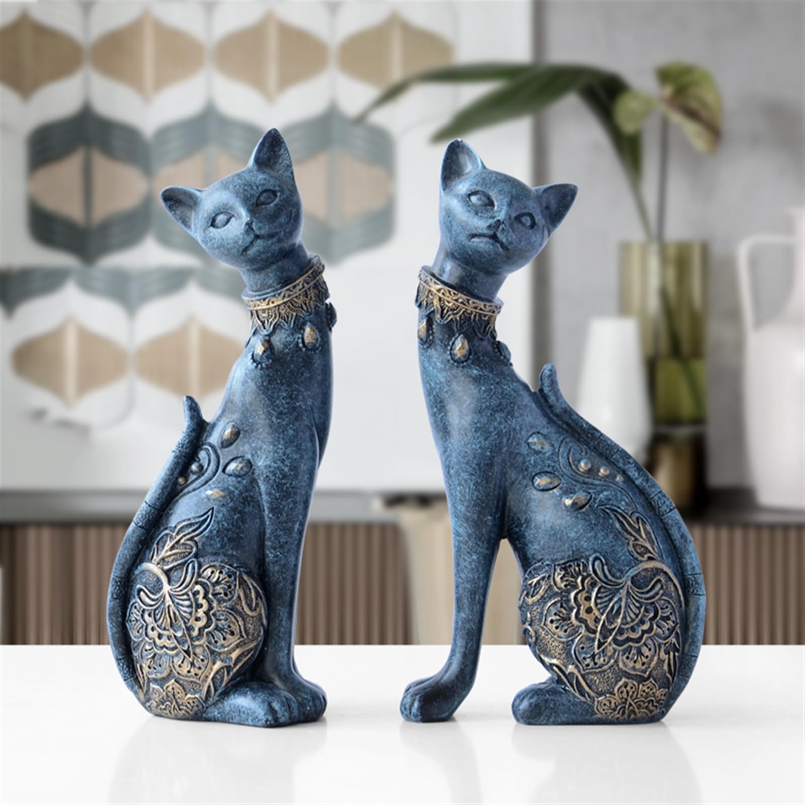 figurka dekoracyjna Figurka dekoracyjna żywica kot statua do dekoracji domu prezent ślubny figurka zwierzątko dekoracja prezent(Texture Blue)