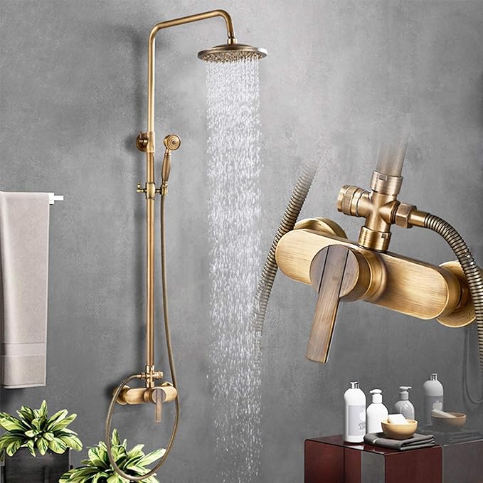 Rozin Antique Brass Bath Shower System Wall Mounted 8'' Rainfall Shower