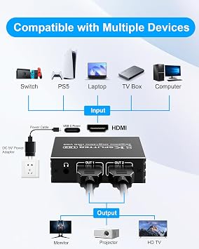 8K HDMI Splitter 1 in 2 Out for Dual Monitor - HDMI Splitter 1x2 Duplicate Mirror Screens 8K@60Hz, 4K@140Hz, EDID, HDCP, HDR10, VRR, Dolby Vision Atmos, for PS5 PS4 Xbox Fire TV Apple TV PC Laptop