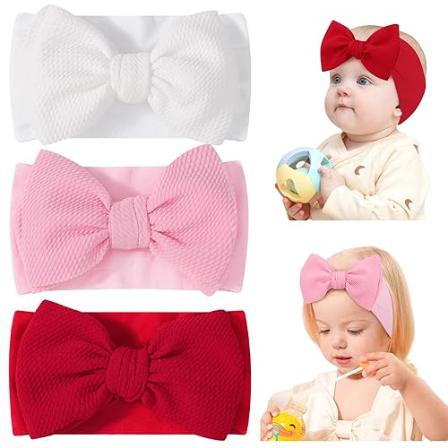 jollybows 3 diademas con lazos para bebé, de nailon suave, para recién nacidos, niños pequeños, lindos lazos anchos y accesorios para el cabello