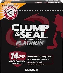 Arm & Hammer Platinum Cat Litter, Clump & Seal, Extra Strength Complete Odour Sealing with 14 Days of Odour Control, Multi-Cat, Hard Clumping Clay, 99.99% Dust Free, 12.47kg (Pack of 1)