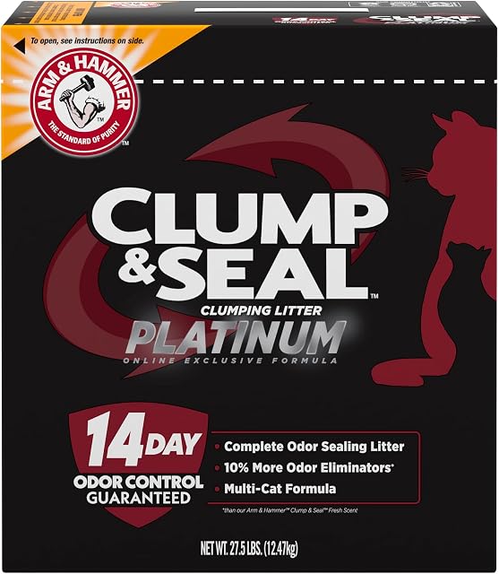 Arm & Hammer Attelle de chat de platine, limace & Sceau, étanchéité complète d'odeur extra-résistance avec 14 Jours de contrôle de l'odeur, multi-catte, argile dure, 99.99% Sans poussière, 12.47kg (Boîte de 1)
