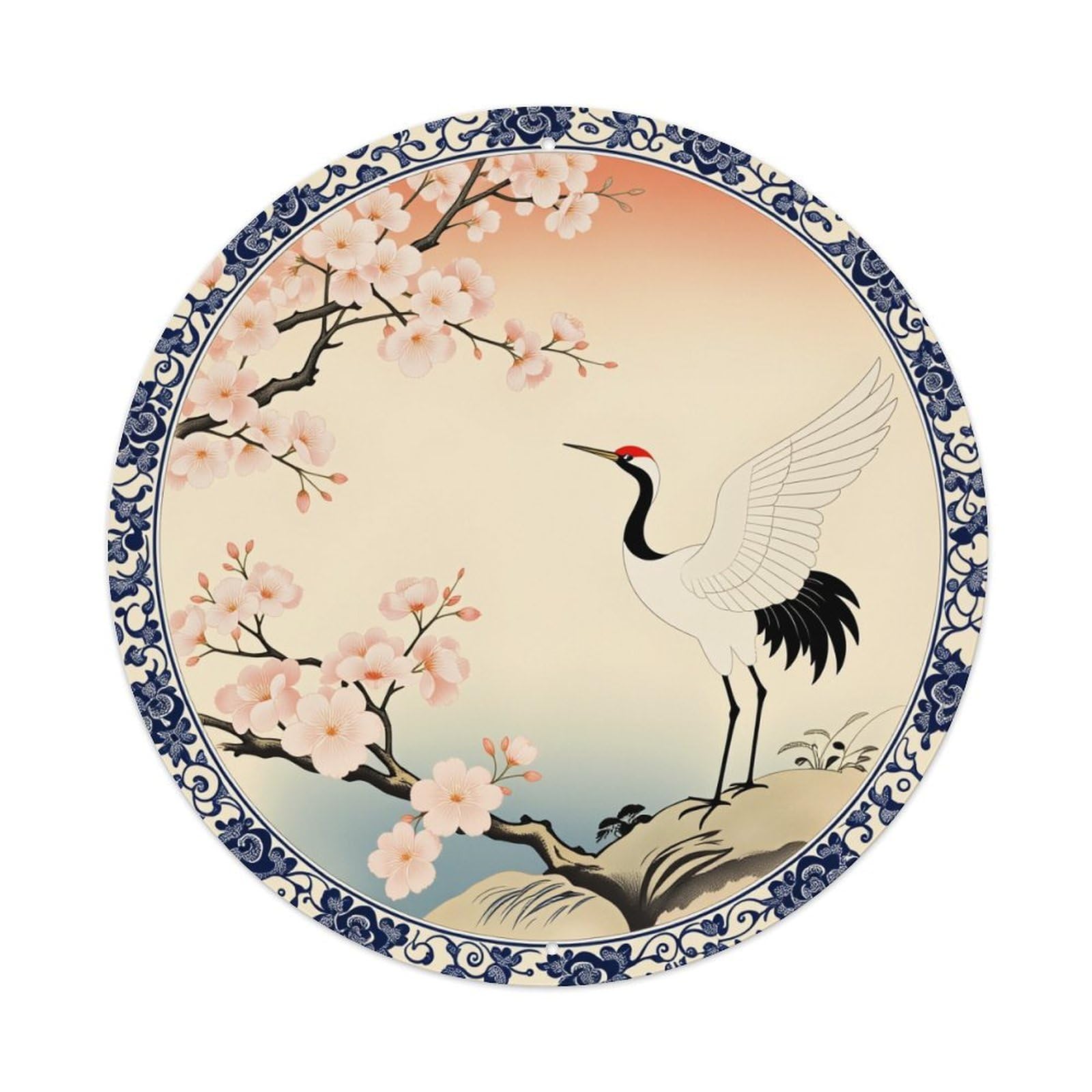 Crane Cherry Blossom Rock Sky Round Tin Sign Vintage Style Metal Sign Home Bar Garden Wall Plaque Decor Metal Poster 8x8 Inch