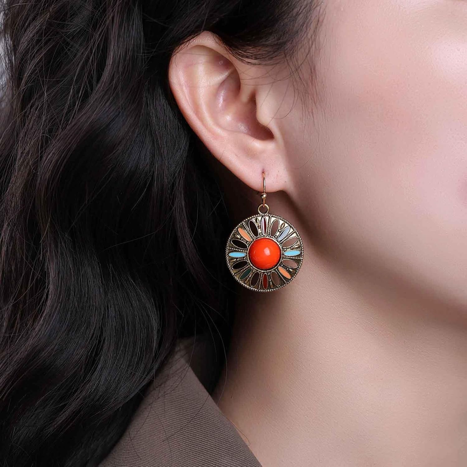 Boho Colorful Enamel Dangle Earrings Colorful Tribal Ethnic Earrings Round Enamel Disc Earrings Mosaic Earrings Vintage Gold Gypsy Drop Earrings Jewelry for Women - Image 2