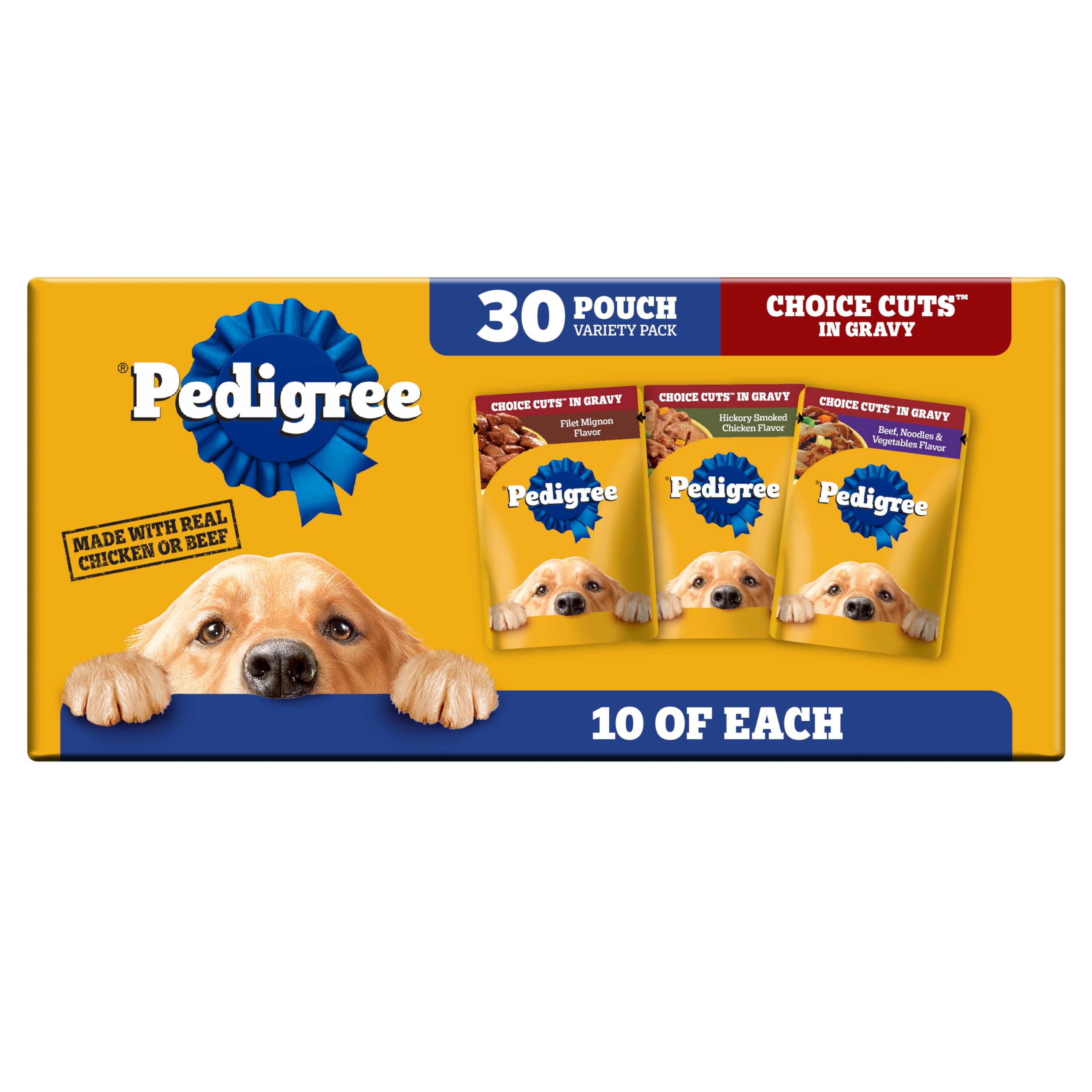 Pedigree Choice Cuts in Gravy Adult Soft Wet Dog Food Variety Pack, 3.5 oz. Pouches, 30-Count Variety: Beef, Chicken & Filet Mignon 30 Count (Pack of 1)