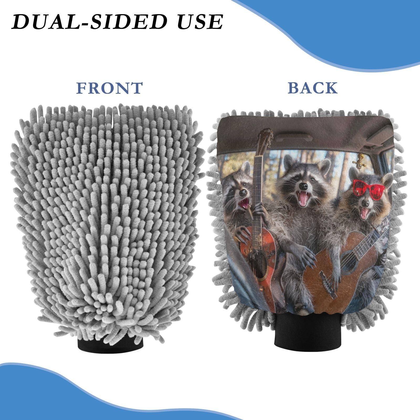 Kigai Cute Raccoon Playing Guitar Car Wash Mitt Microfiber, 2Pcs Scratch Free Lint-Free, Premium Chenille Microfiber Mitt Car Wash Brush-L