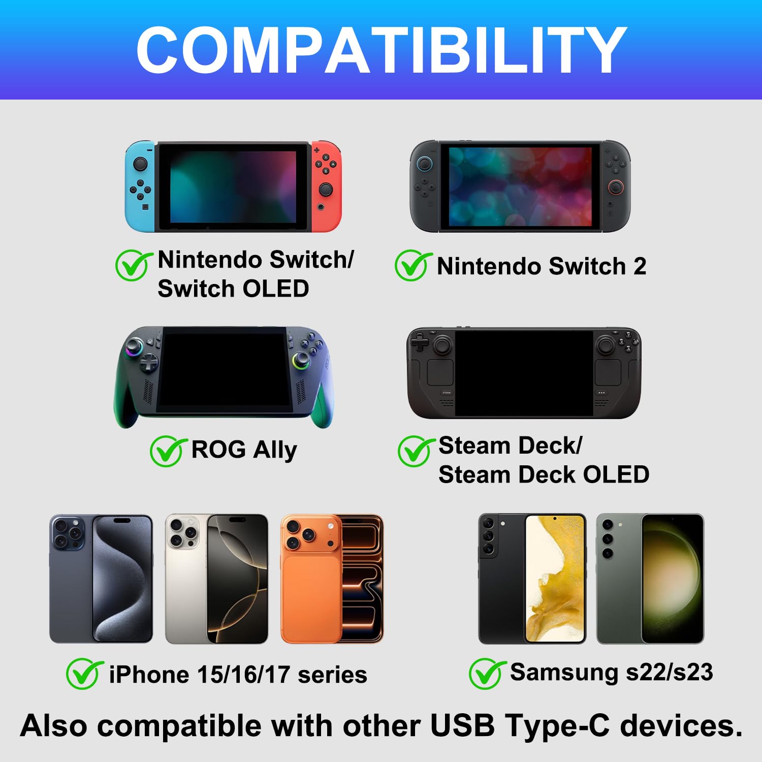 Occhiali da USB-C a AR con hub adattatore per Switch 2/OLED/1, Steam Deck, ROG Ally, iPhone 15-17, telefoni Android, Viture/RayNeo/Xreal, supporta la ricarica rapida PD da 100 W, 4K a 60 Hz 2K