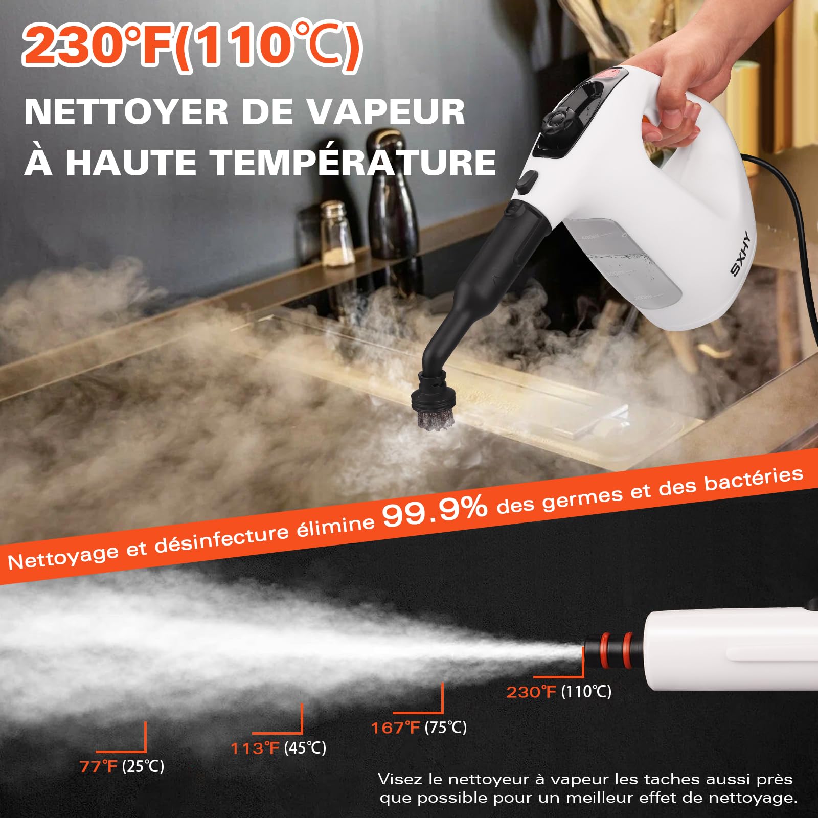 Nettoyeur vapeur portable pour la maison, multi-usages, réservoir d'eau transparent, kit d'accessoires de 11 pièces pour canapé, douche, rembourrage
