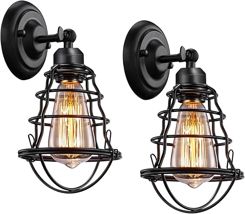 Asnxcju Juego de dos apliques de pared industriales, apliques de pared de granja, aplique de pared de jaula de alambre vintage, lámpara de pared