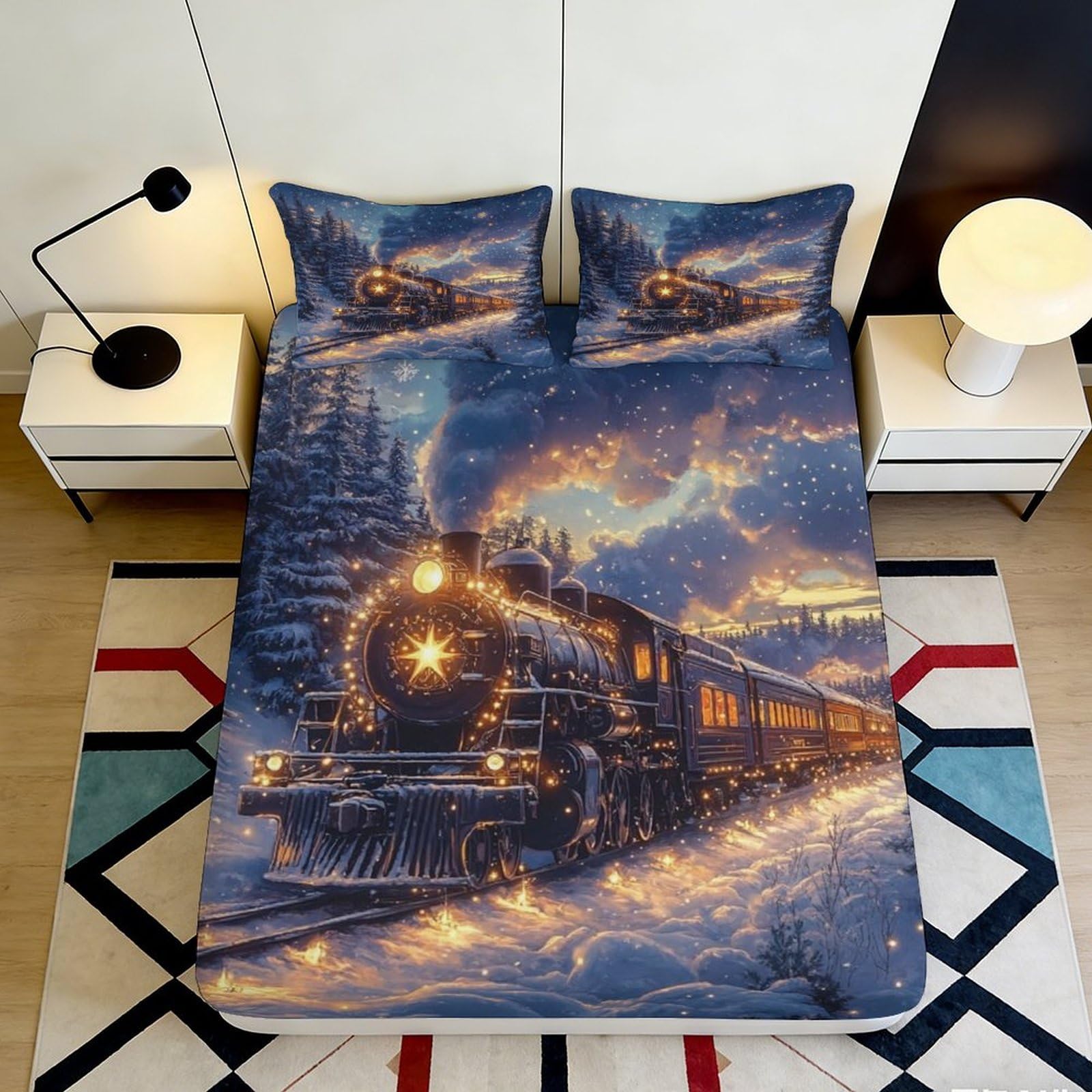 Uxinyoume Style-1 3D Printed Steam Train Nightscape Fitted Sheet Microfiber Soft Bed Sheet Railway Art Bed Cover For Bedroom Decor 90X200x25cm