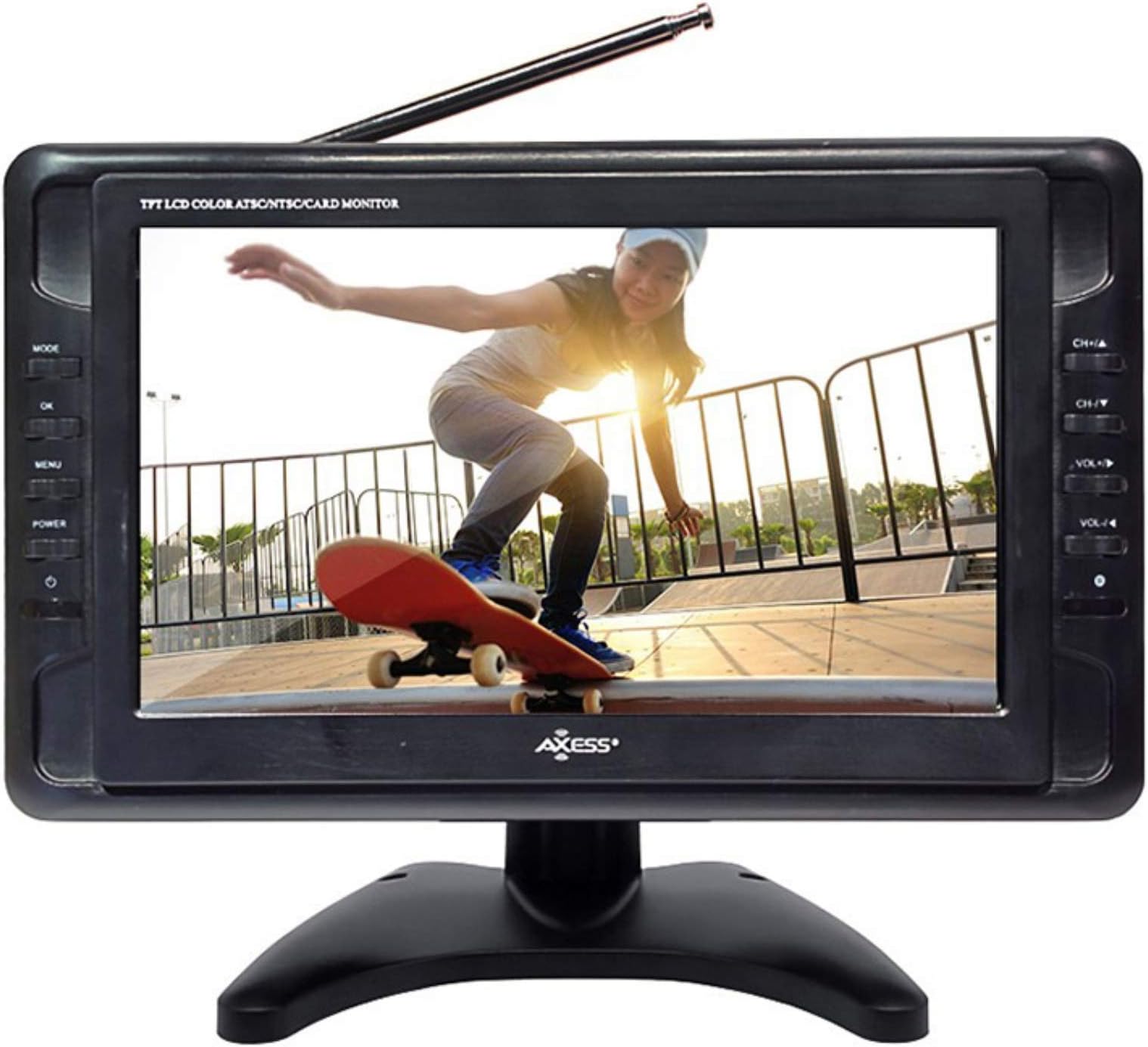 Portable TV 10" Battery Powered Widescreen LCD Small TV Axess TV1703-10 with ATSC Digital Tuner 2 Antennas, USB/SD Card & Headphone Inputs, AV Inputs & Full Func. Remote. Mini TV For Car, RV, Outdoor.