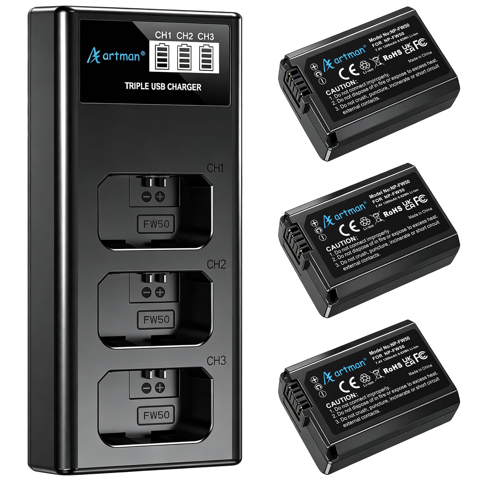 Amazon.com: Artman NP-FW50 Battery 3-Pack 1300mAh & 3-Slot LCD