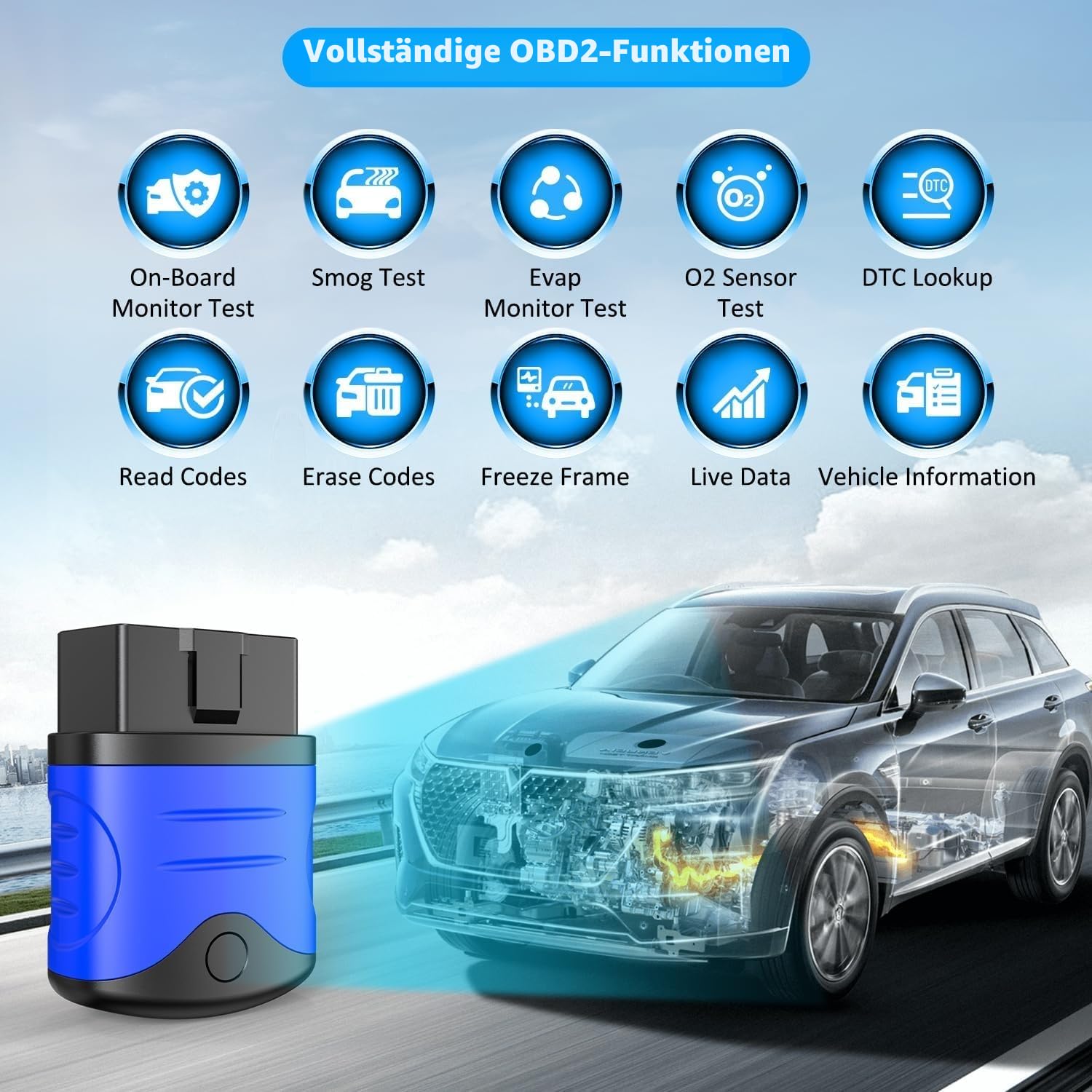 AUTOPHIX OBD2 Bluetooth Adapter, Auto Diagnosegerät Check Motor ABS SRS Getriebe Drahtlose Auto Auslesegerät Fehlercode Lesegerät mit Batterie Test Exklusive APP für iPhone und Android (Blau)