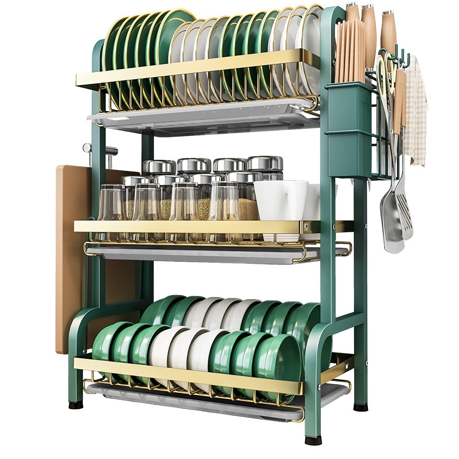 EYSOO Dish Drying Rack with Drainboard 3 Tier Dish Rack for Kitchen Counter Dish Dryer Rack with Utensil & Cup Holder Kitchen Dryer Rack Rustproof Carbon Steel Dish Drainer (Golden)