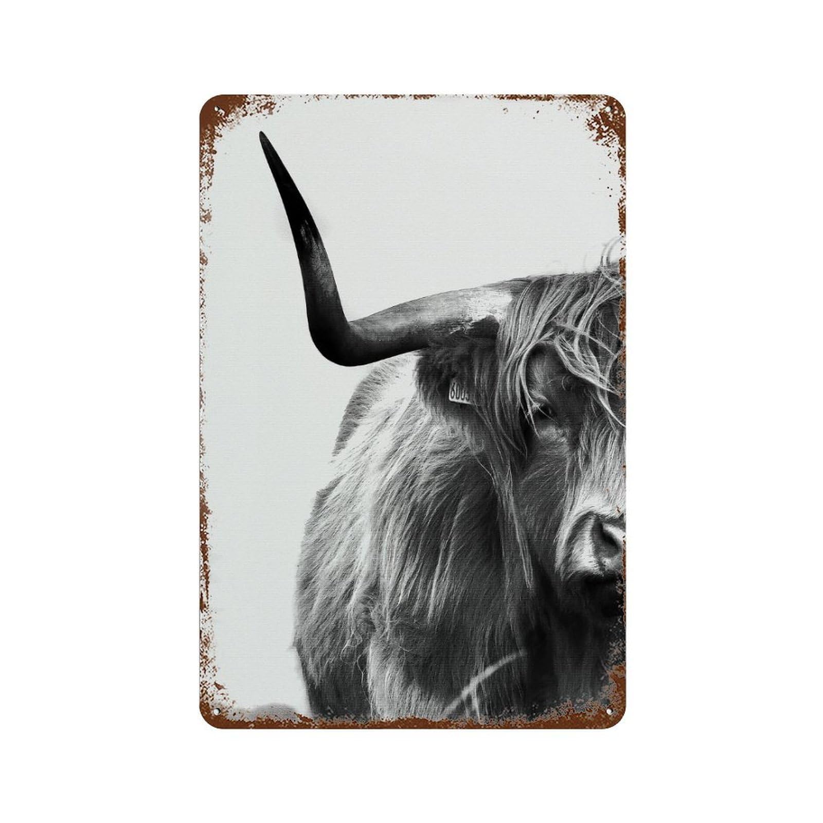 Highland Cow Black & White 11.8"x7.9" Vintage Metal Tin Sign, Shabby Chic Decor for Office, Studio And Wall Decor