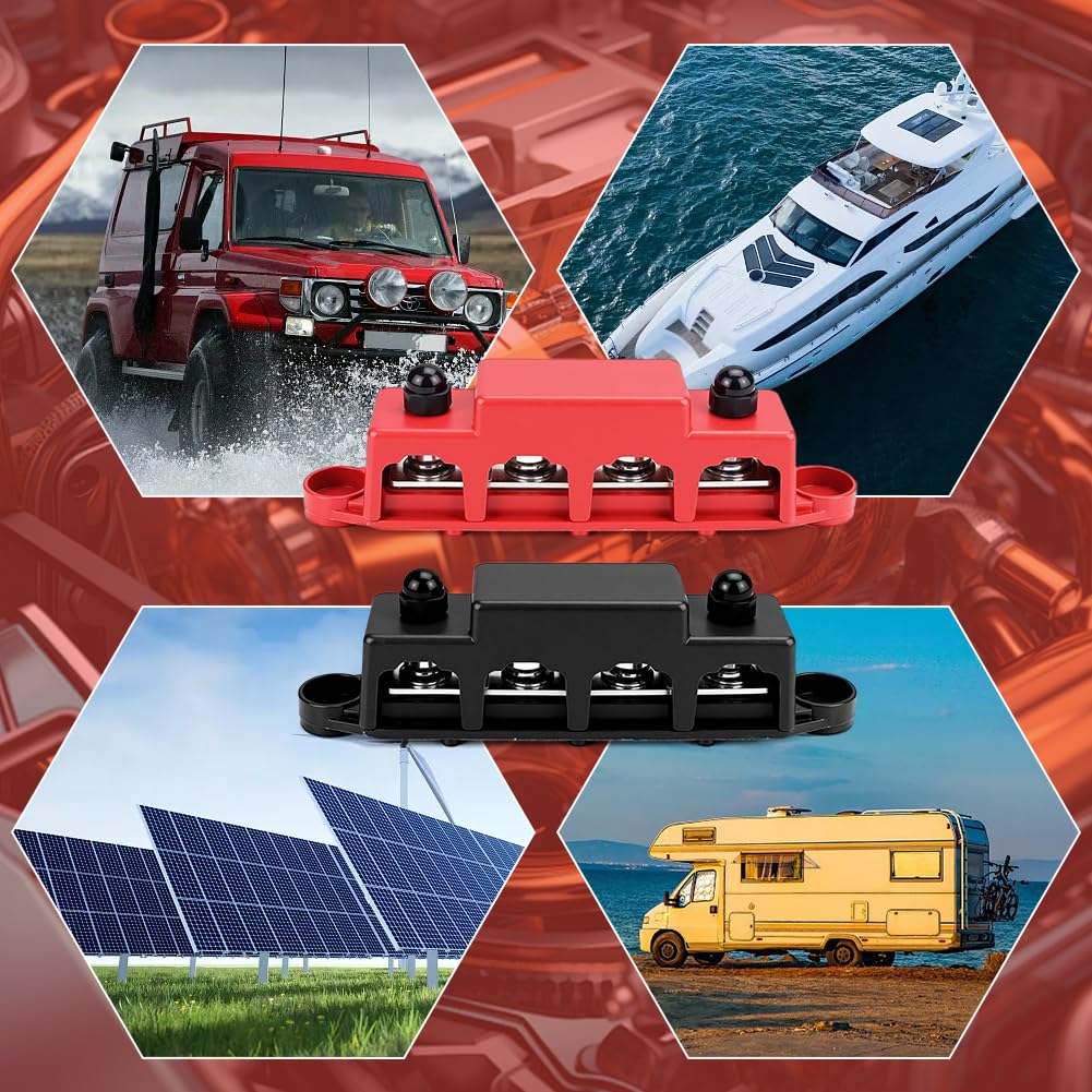 Blocco di distribuzione a 2 binari collettori 12V48V DC con 4 bulloni M8, scatola BuBar da 250 A per auto, camper, barca, yacht
