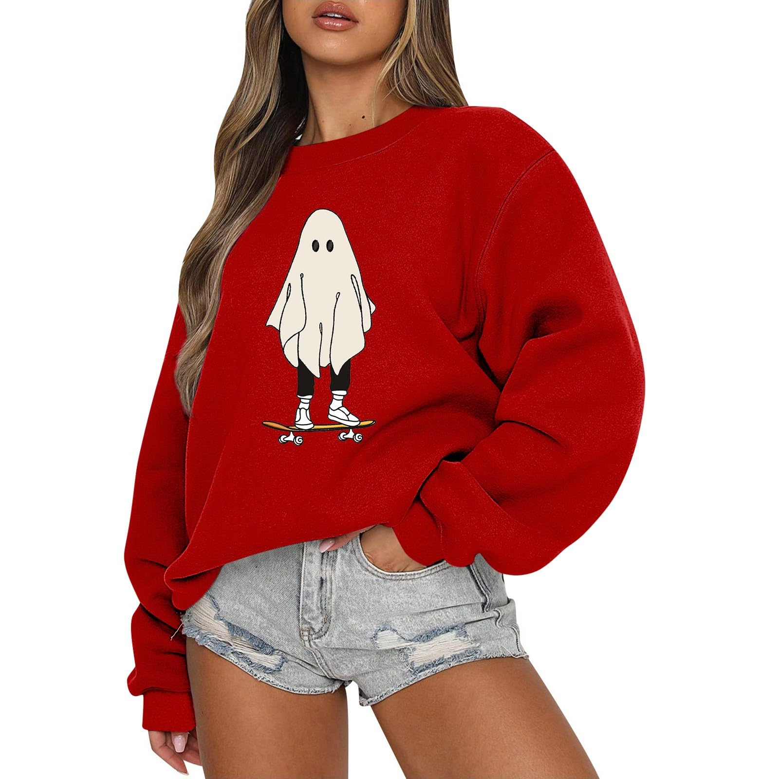 HAVUITYY Y2K Sweatshirt,Teen Girls Cute Ghost Printed Fall Pullover Fashion Loose Fit Casual Long Sleeve Crew Neck Tops 2023