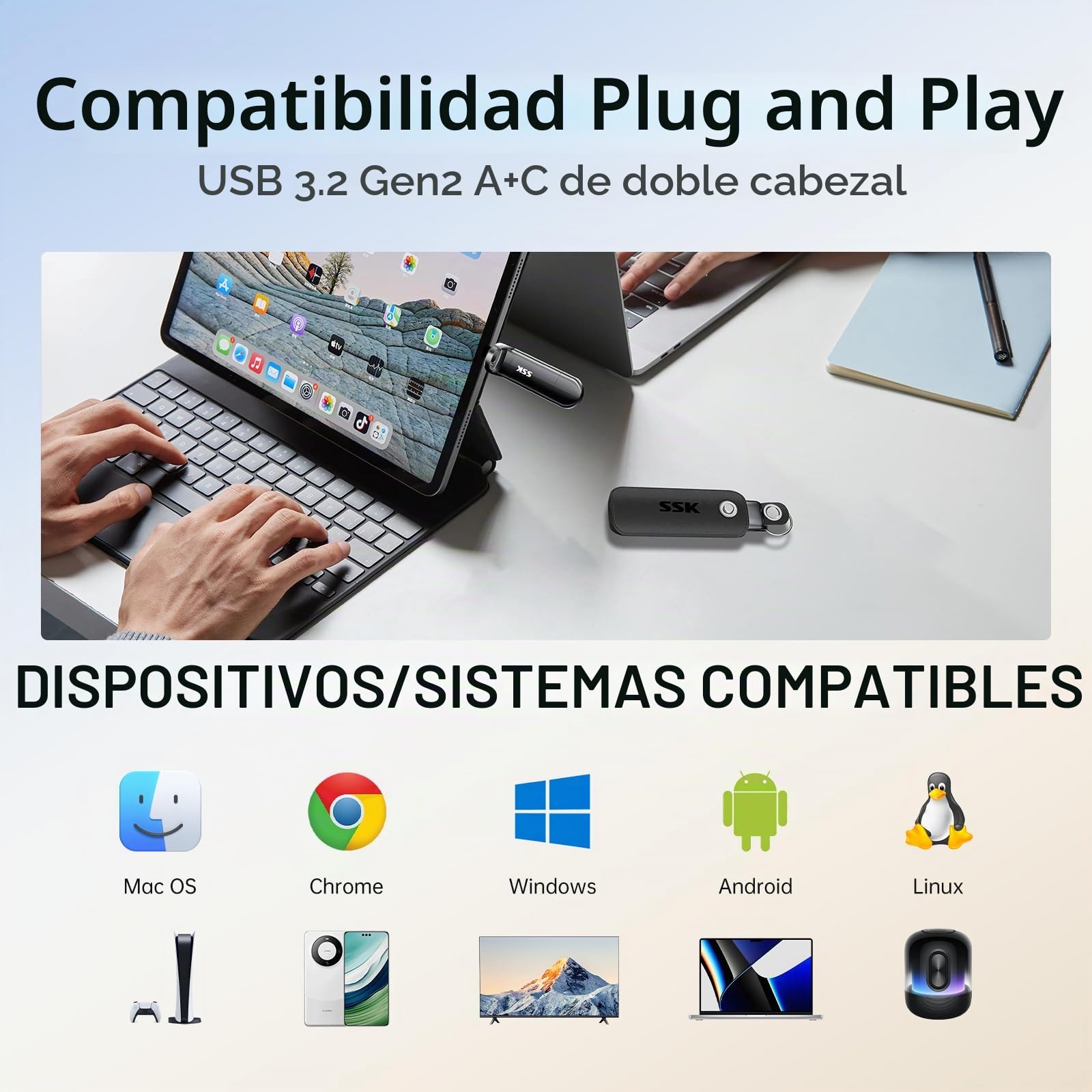 SSK Unidad Externa SSD de 1 TB hasta 1000 MB/s, Unidades de Estado sólido externas Tipo C+USB A Disco Duro SSD USB 3.2 Gen 2 para iPhone 15/PS4/teléfono Android/Tableta/Windows/Mac