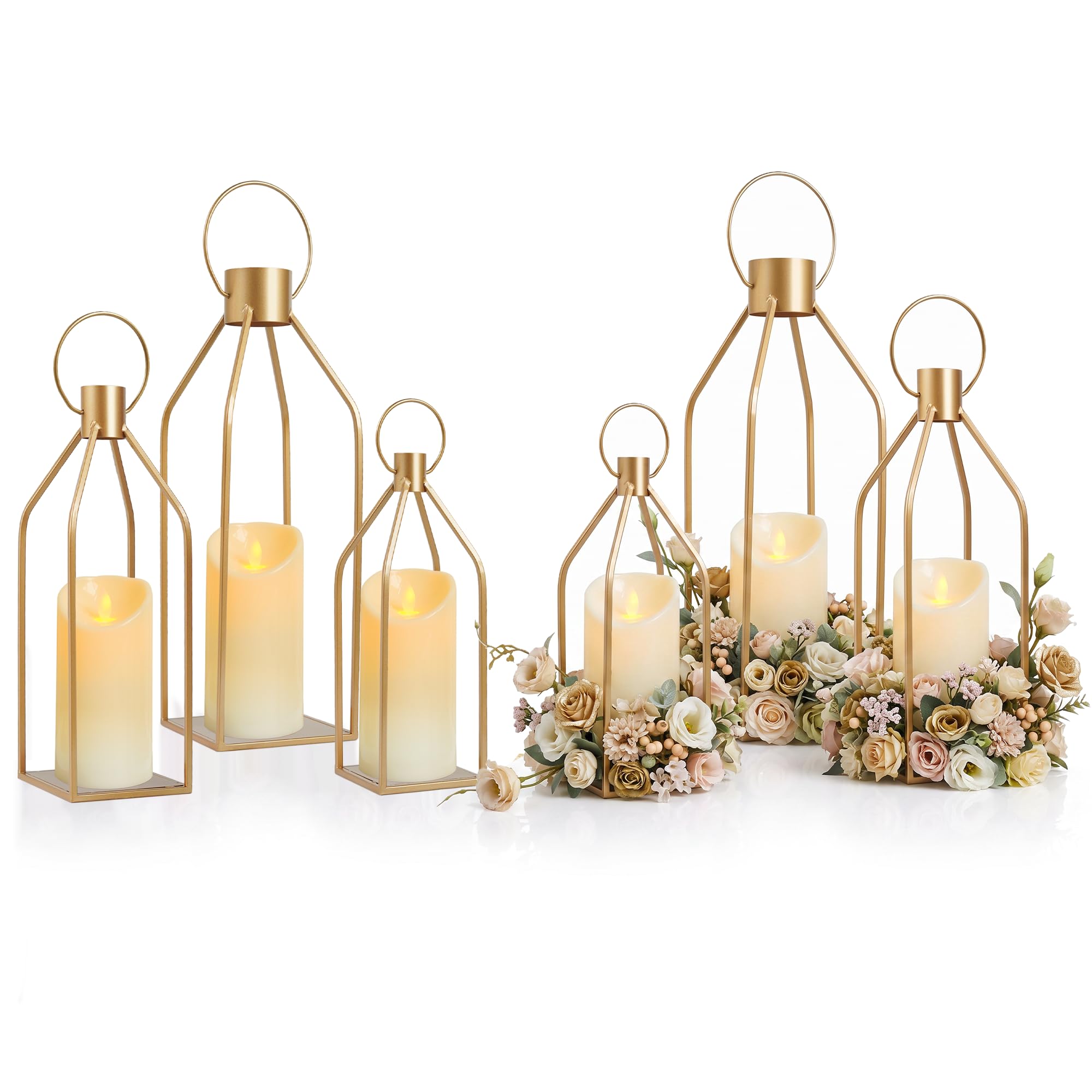 Lot de 6 lanternes décoratives dorées élégantes en métal avec bougies LED vacillantes, décoration pour maison, mariage, Noël (piles AAA non incluses)