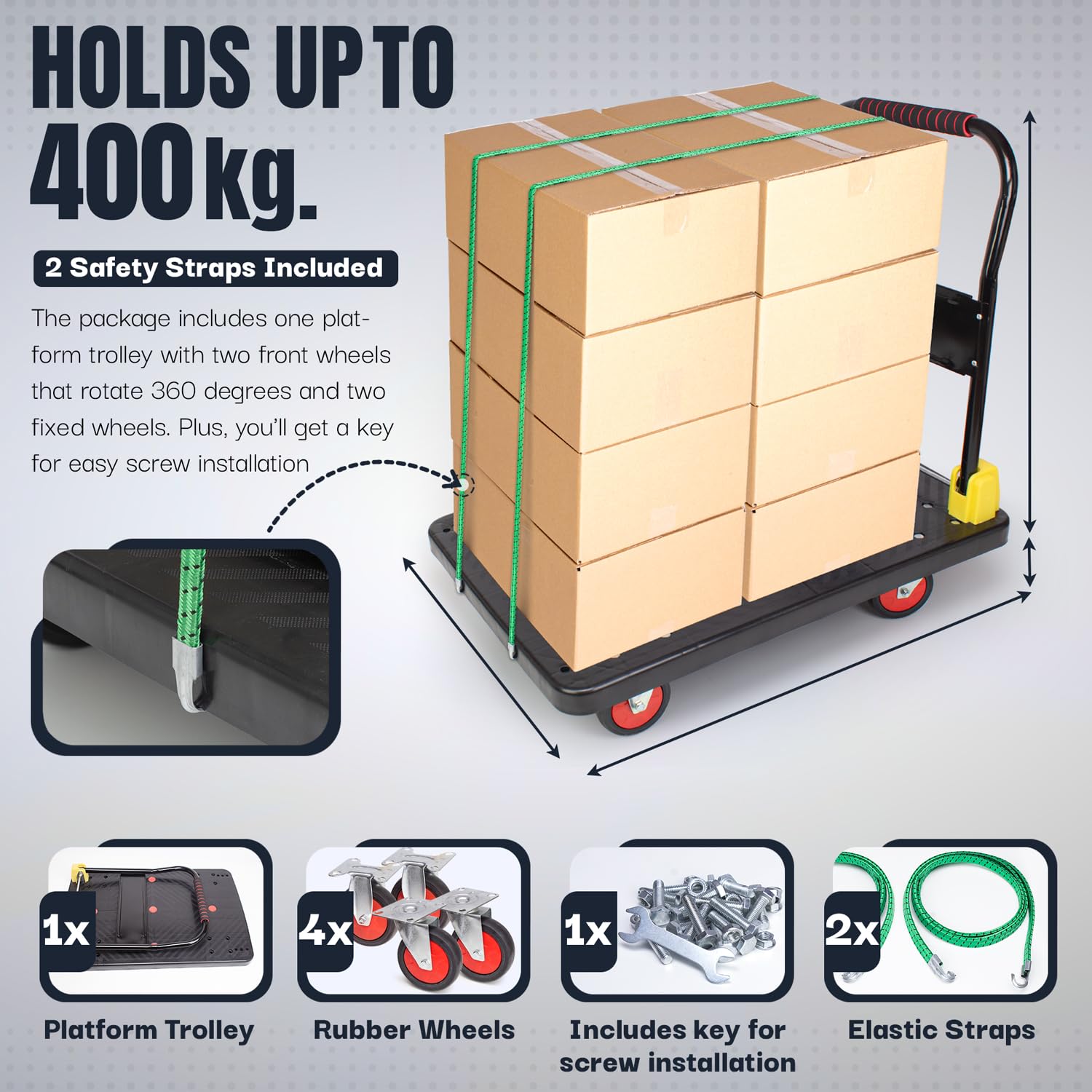 Carrello resistente con piattaforma di 400 kg con 2 corde elastiche con ganci, carrello multiuso multiuso – pieghevole versatile