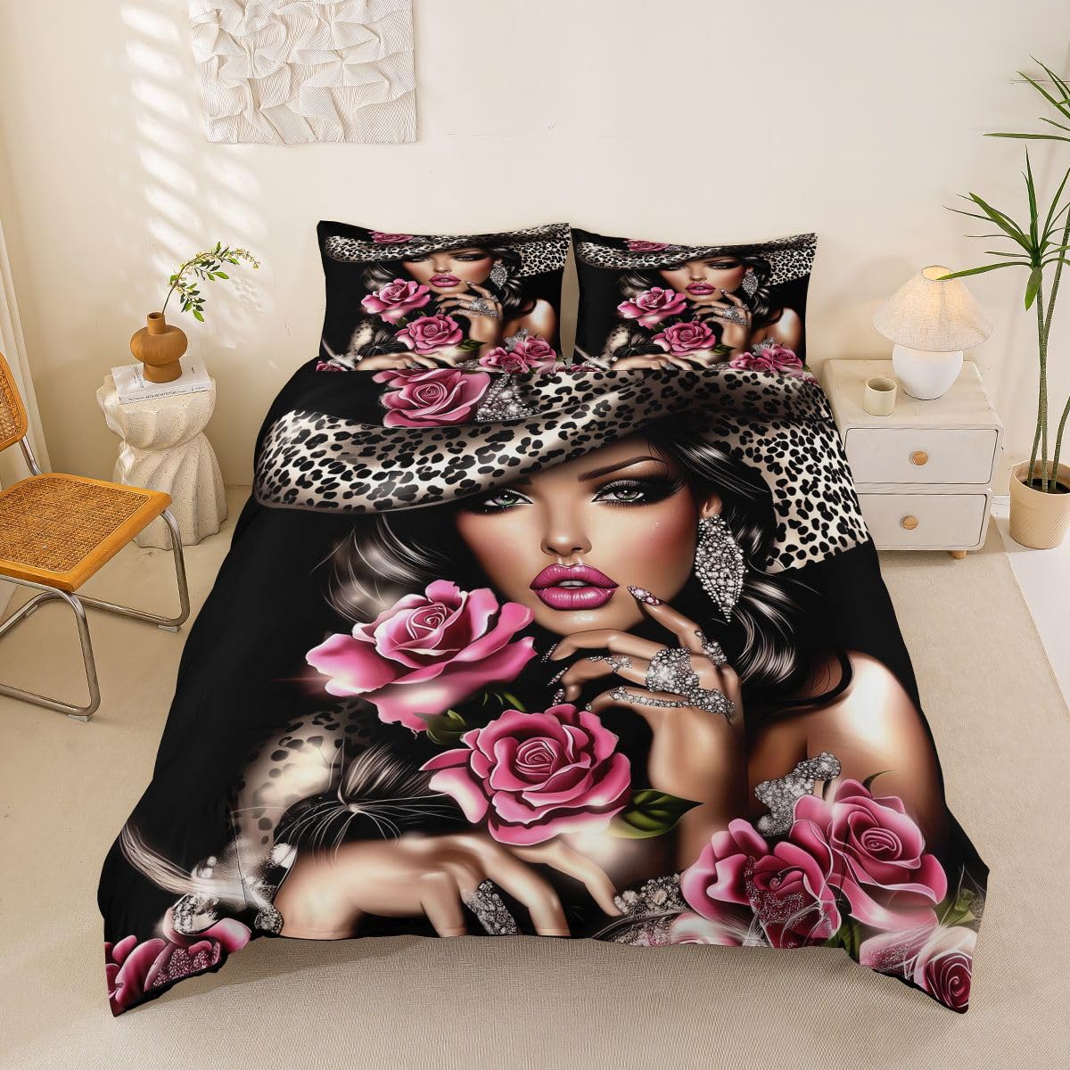 Homemissing Fashion Lady Print Duvet Cover Cot Size Leopard Hat Design Bedding Set for Boys Girls Pink Rose Comforter Cover Bedroom Decor 2Pcs