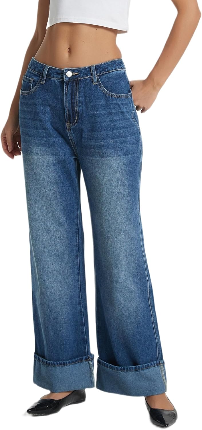D-Sun Women Wide Leg Jeans Baggy High Rise Cuffed Jeans Casual Trendy Loose Denim Pants - Image 2