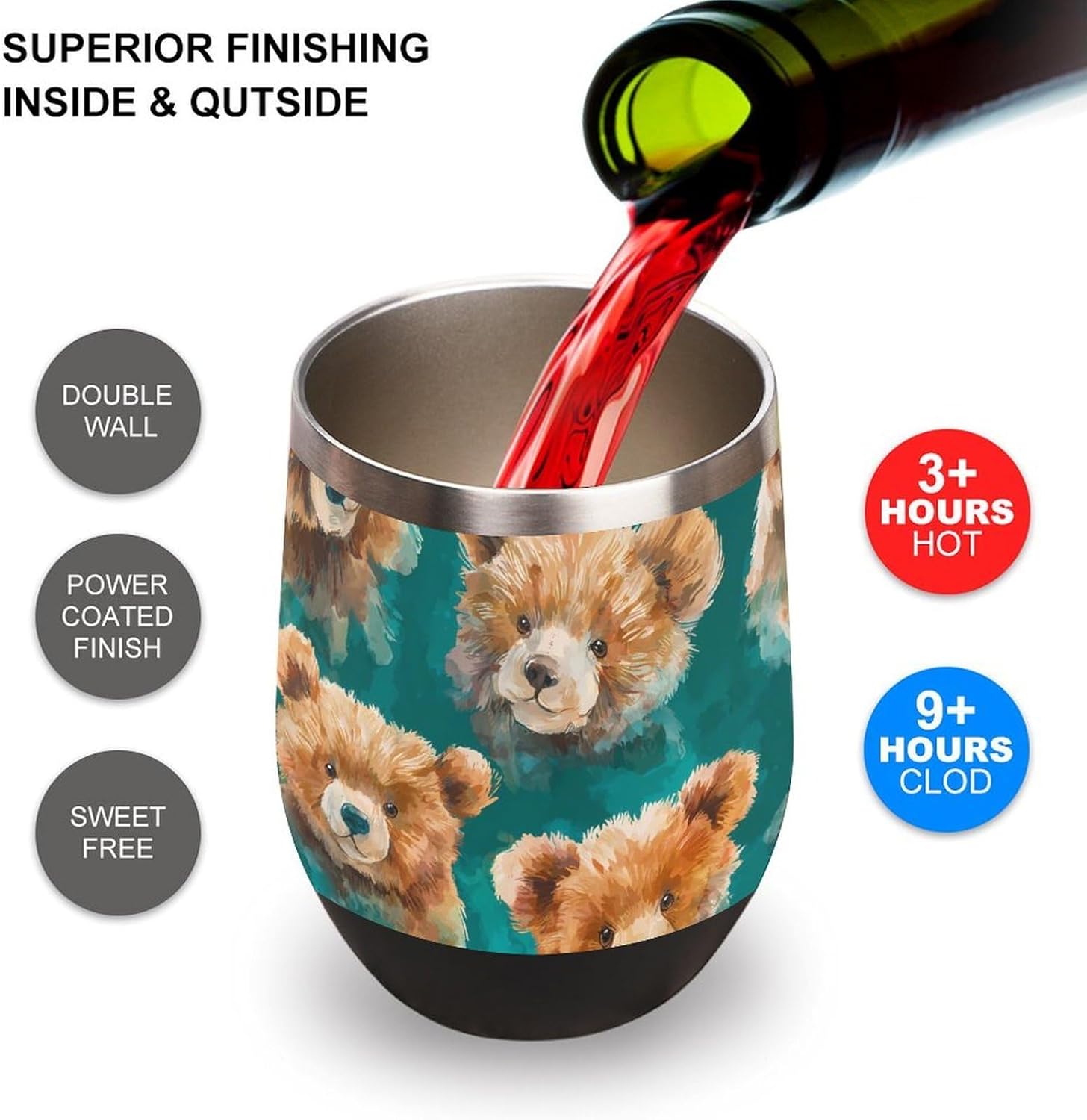 Watercolor Teddy Bears Insulated Drinking Cup Stainless Steel Coffee Mug Wine Tumbler with Lid 12OZ