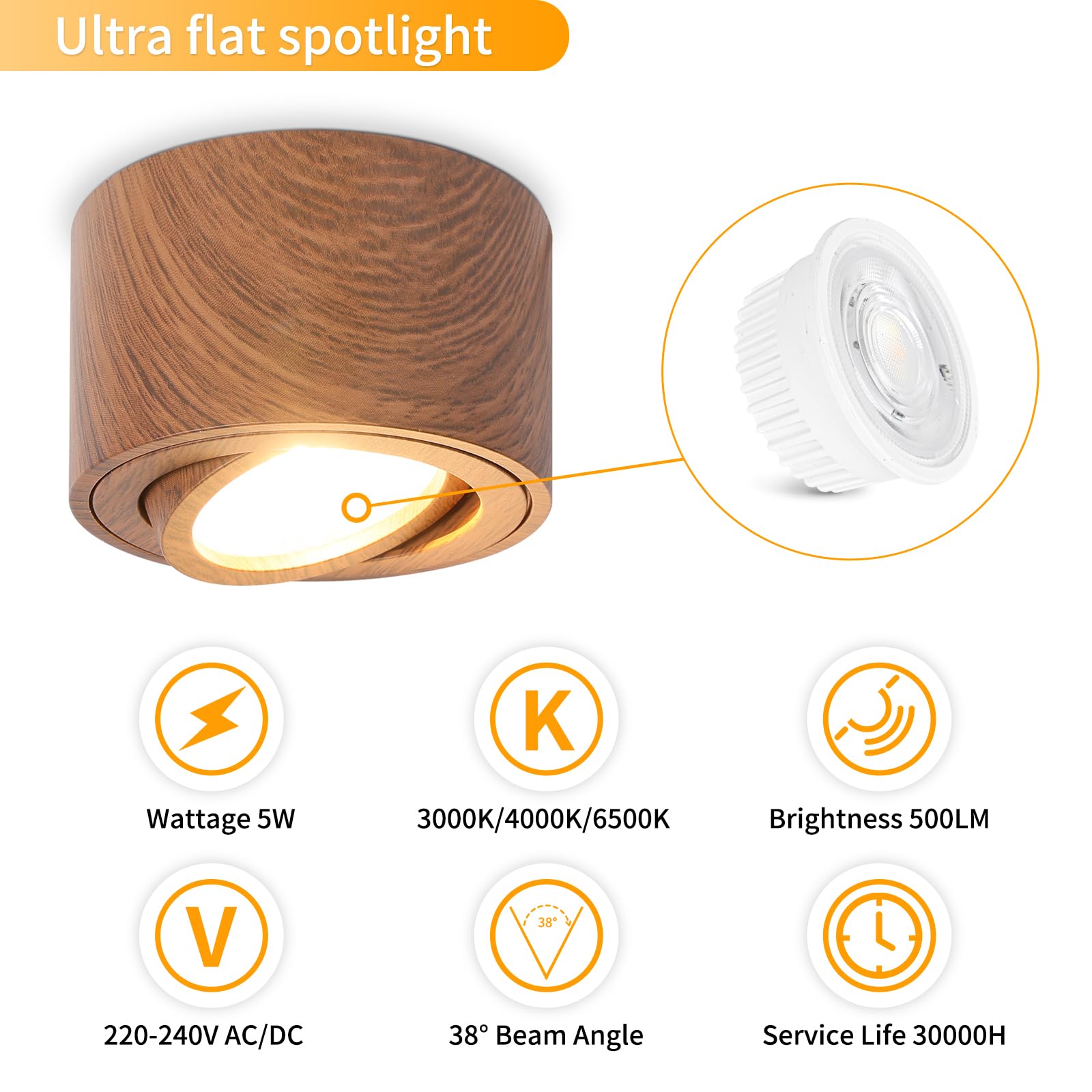 GeyouLux Dimmable LED Spotlight in Adjustable Projection, 5 W Ceiling Spotlights, diameter 80 x 50 mm 3000 K/4000 K/6500 K - Image 2