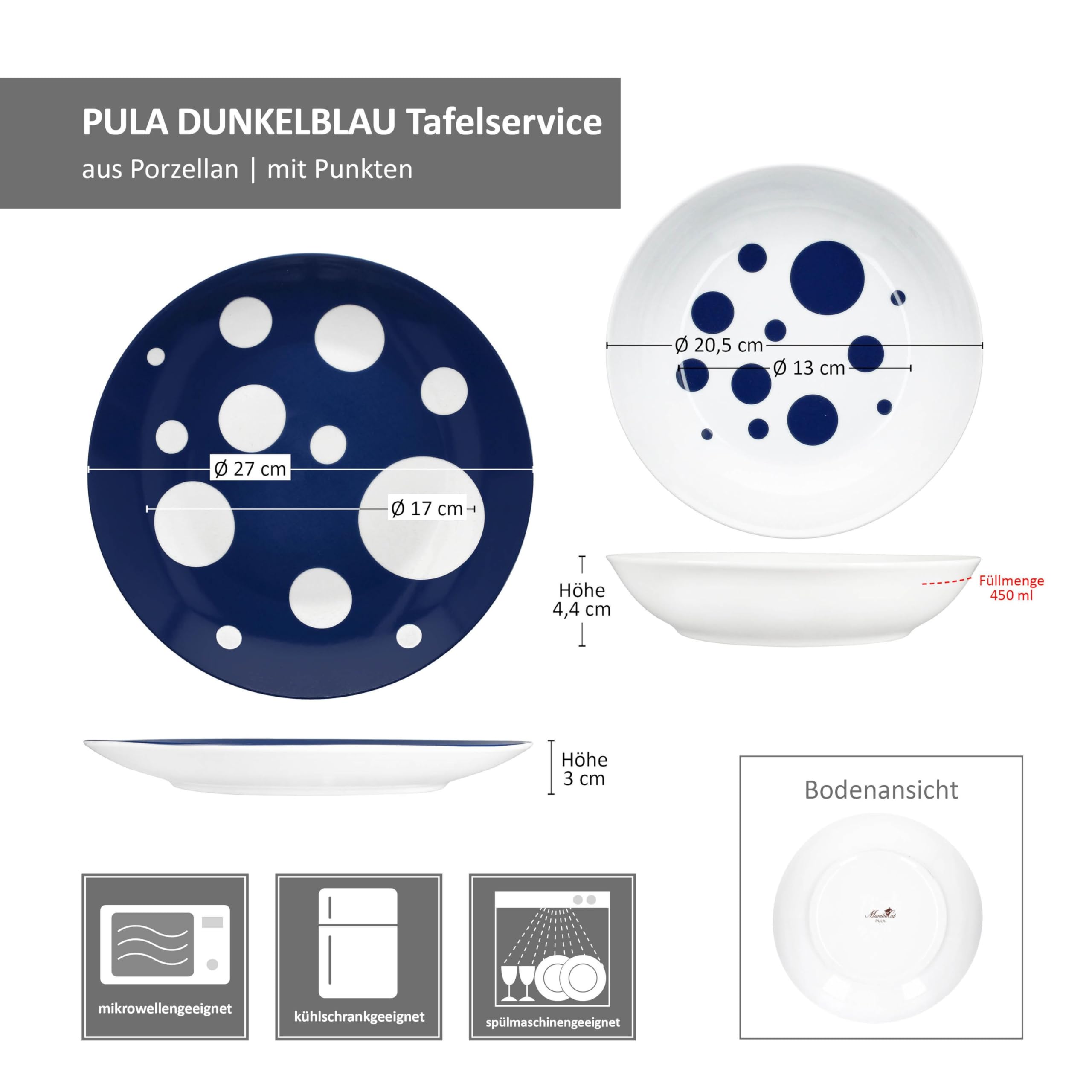 MamboCat Pula Pula 12-częściowy zastawa stołowa, biała, porcelanowa zastawa stołowa z kropkami dla 6 osób, 6 talerzy do zupy i 6 talerzy obiadowych na śniadanie, obiad i kolację