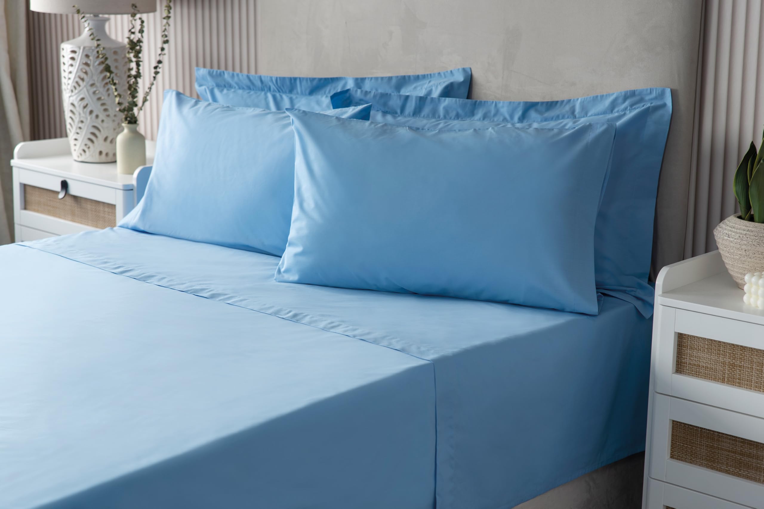 Belledorm Luxury Fitted Bed Sheet With Matching FREE 2 X PILLOW CASE Plain Dyed Poly Cotton Percale Easy Care Bed Sheet Genuine 50% cotton 50% polyester (Single, Sky Blue) โ image 1